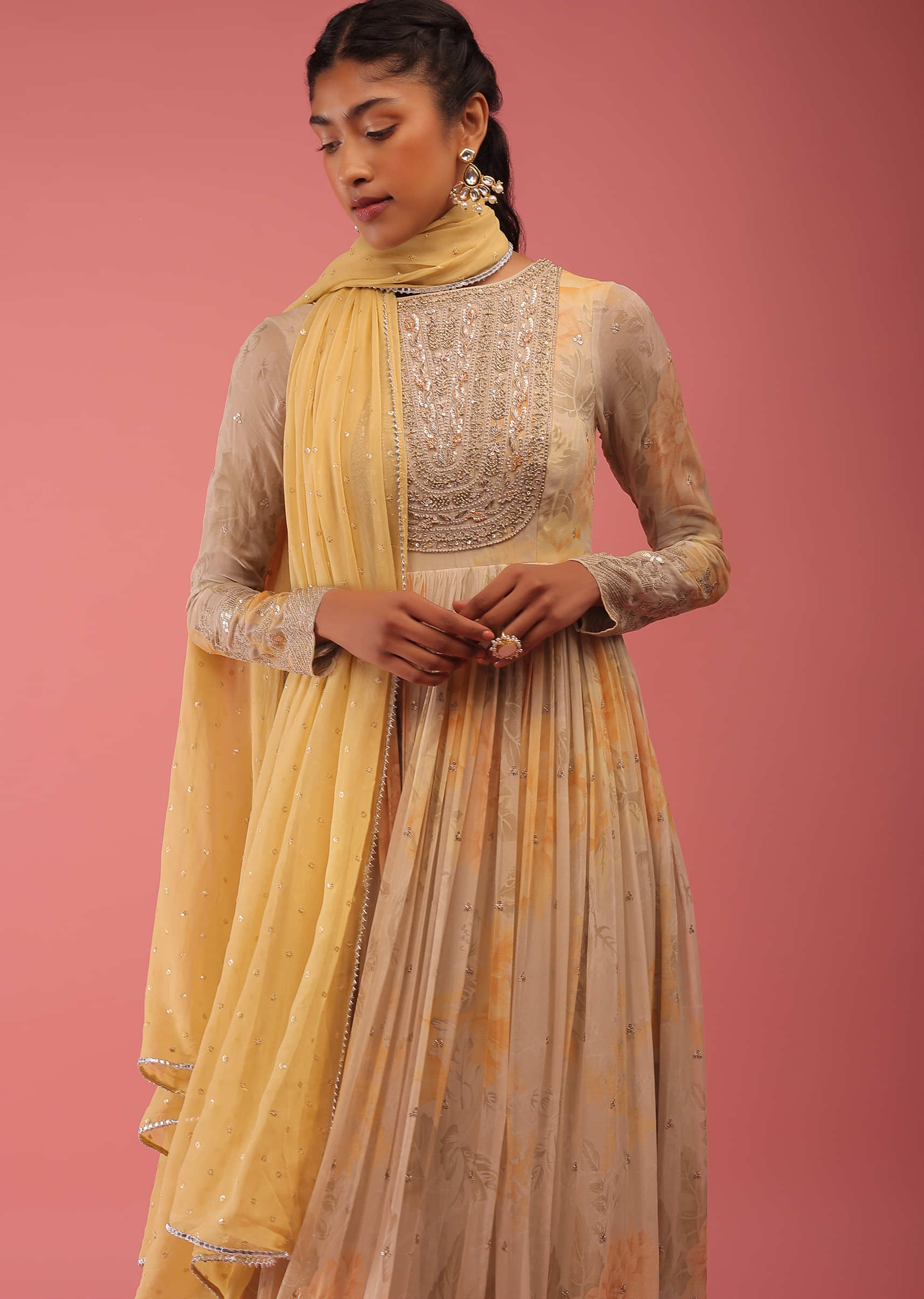 Daffodils Yellow Anarkali Suit In Multi-Color Floral Print With Sequins Embroidery