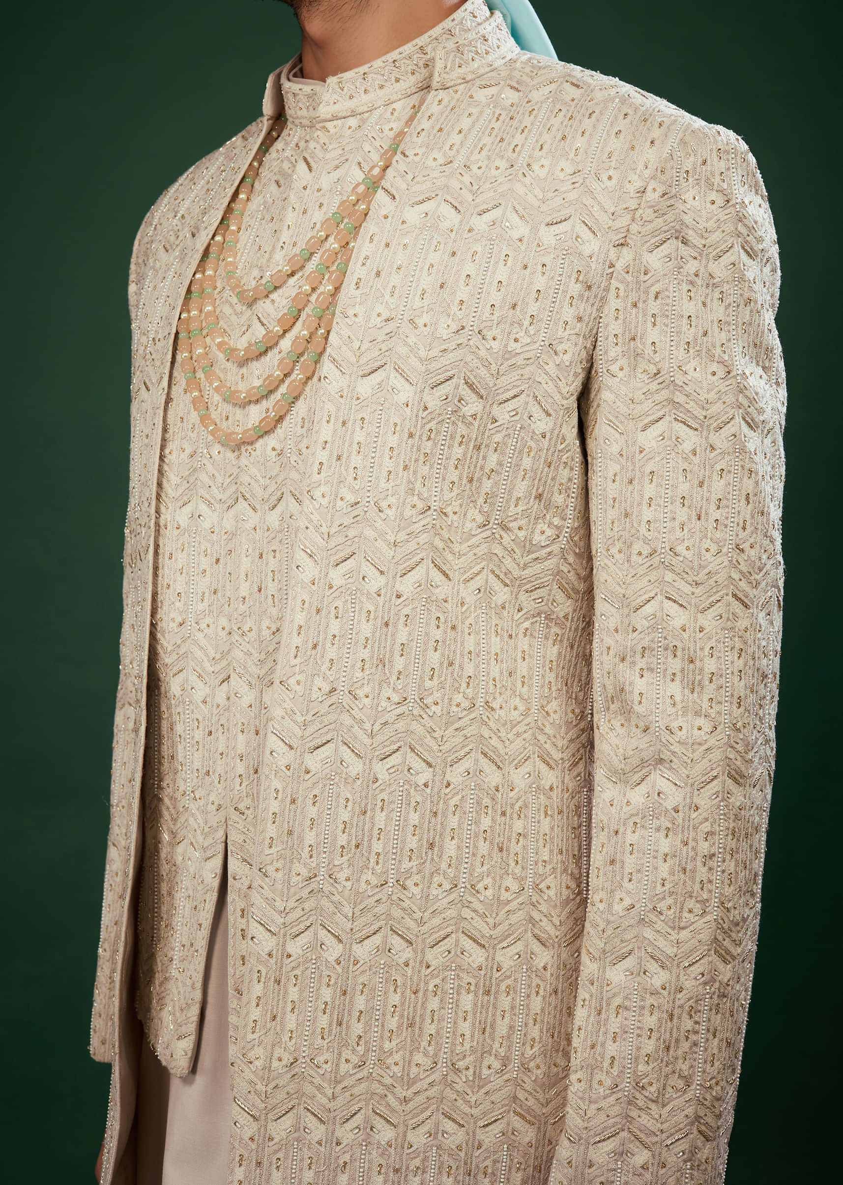 Beige White Embroidered Sherwani Set In Raw Silk