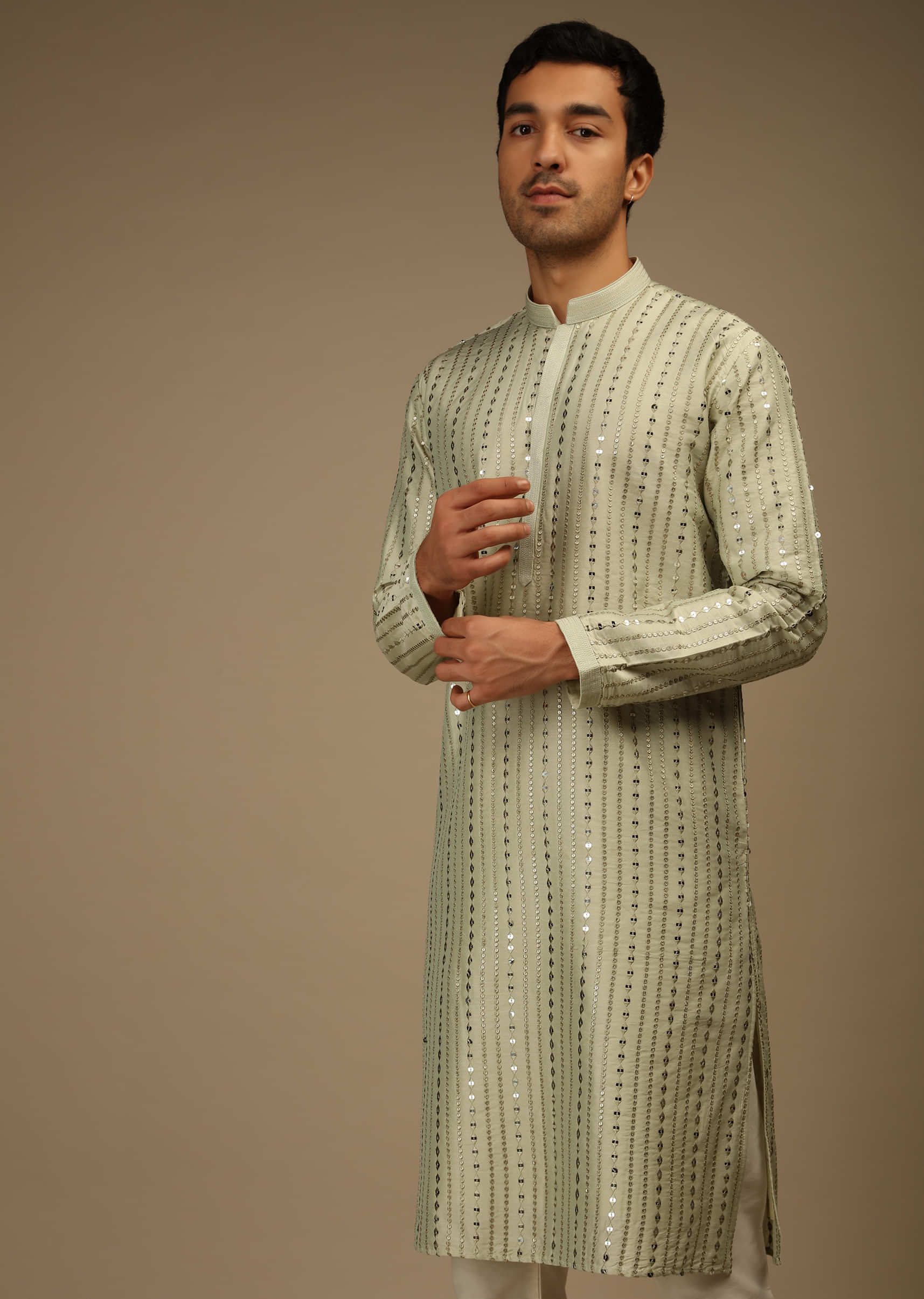 Fog Green Kurta Set In Silk With Resham And Sequins Abla Embroidered Striped Design