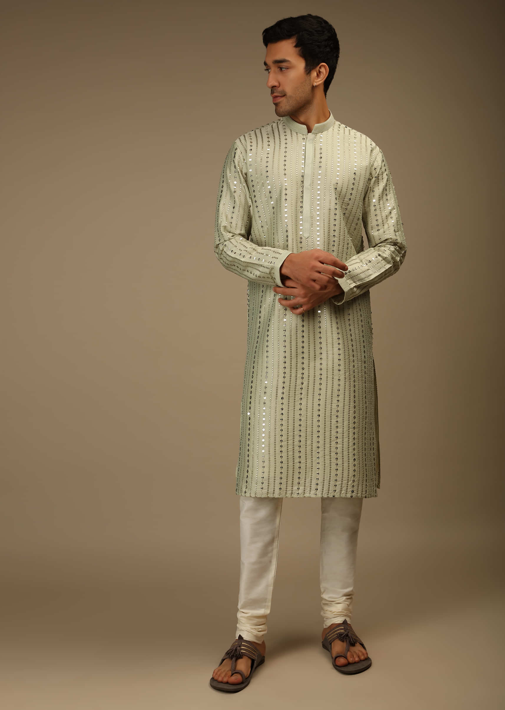 Fog Green Kurta Set In Silk With Resham And Sequins Abla Embroidered Striped Design