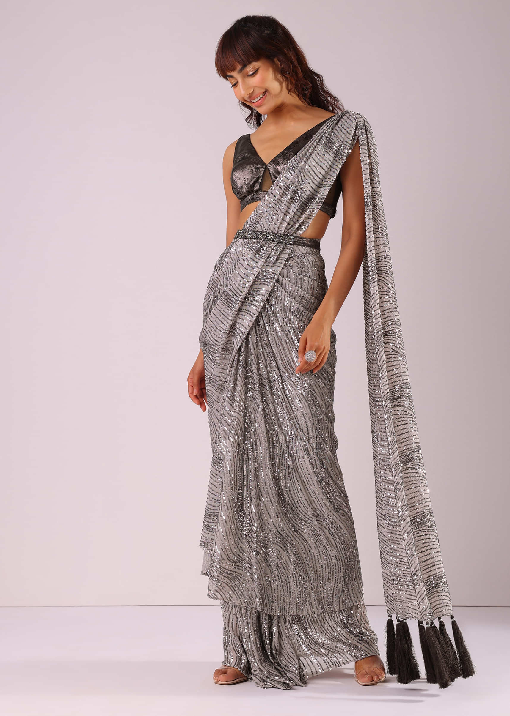 Buy Fog Grey Ready-To-Wear Sequins Saree With Lycra Blouse And Embroidered  Belt