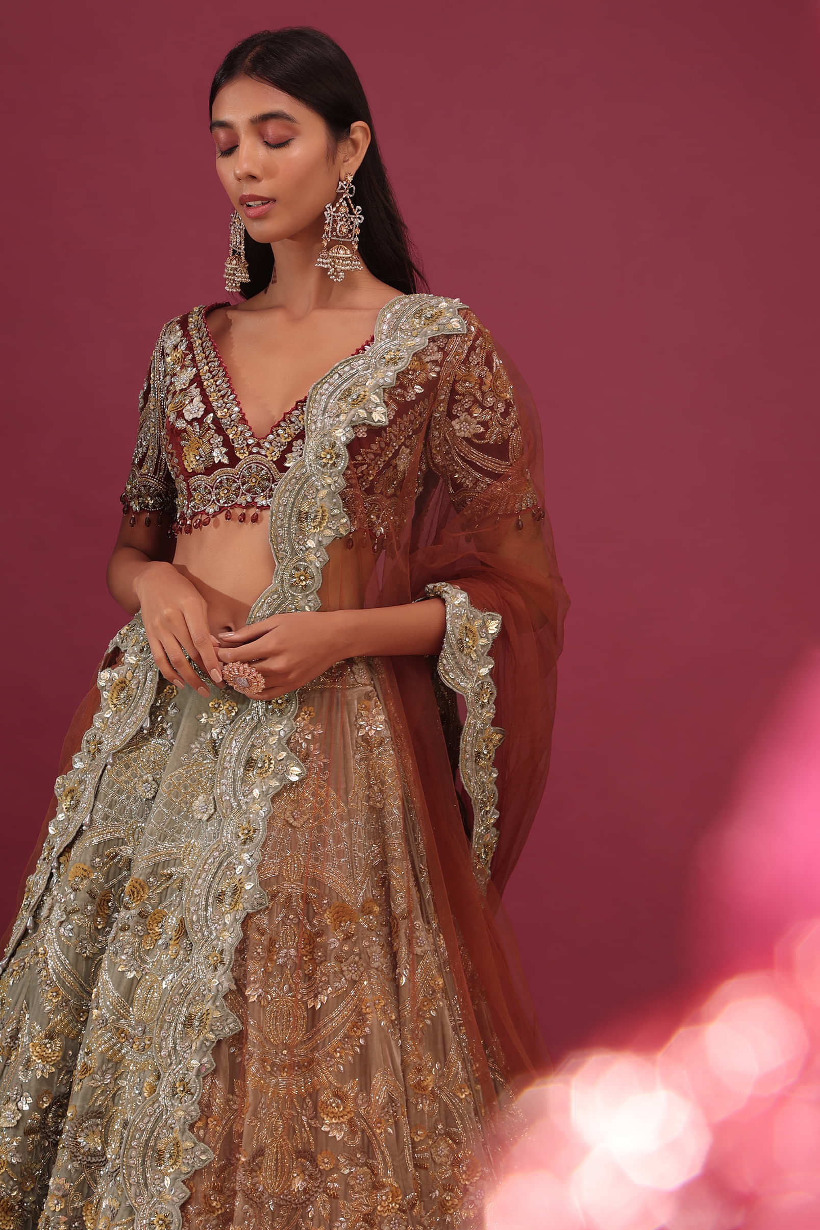 Mocha Brown Bridal Lehenga In Velvet With Heavy Embroidery - NOOR 2022