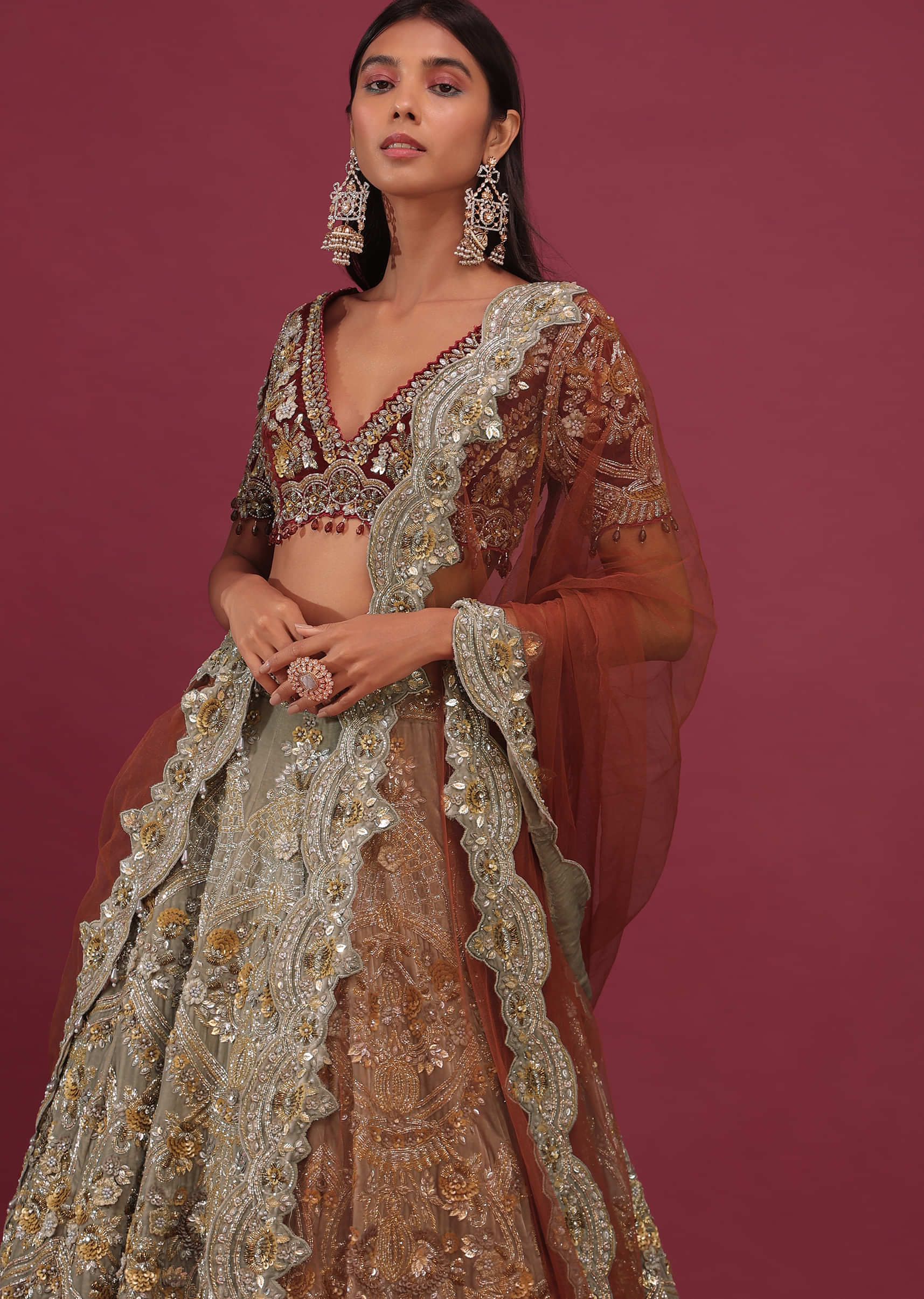 Mocha Brown Bridal Lehenga In Velvet With Heavy Embroidery - NOOR 2022