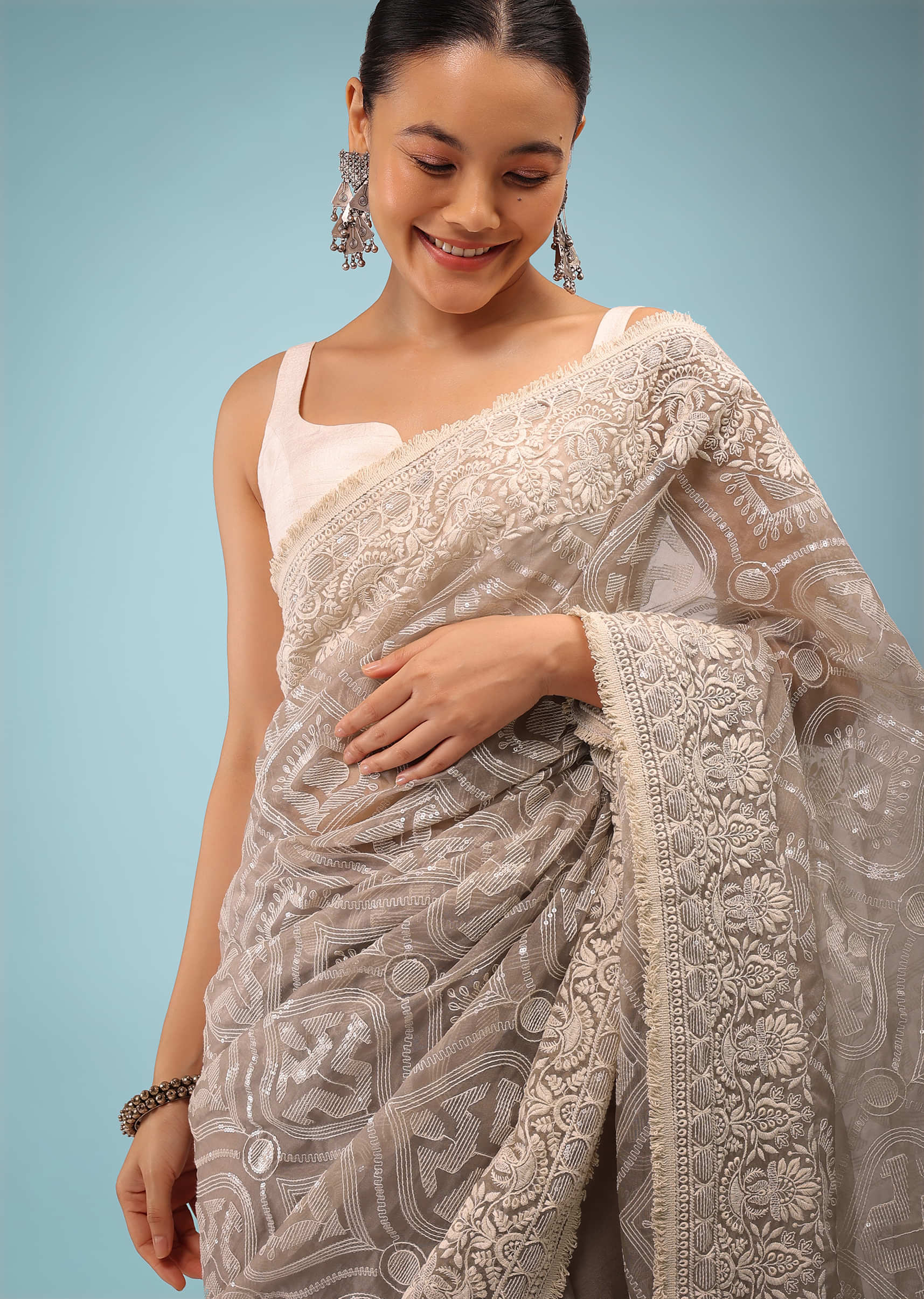 Fog Grey Organza Saree In Moroccan Lucknowi Thread Work, It Has Sequins Embroidery Detailing All Over