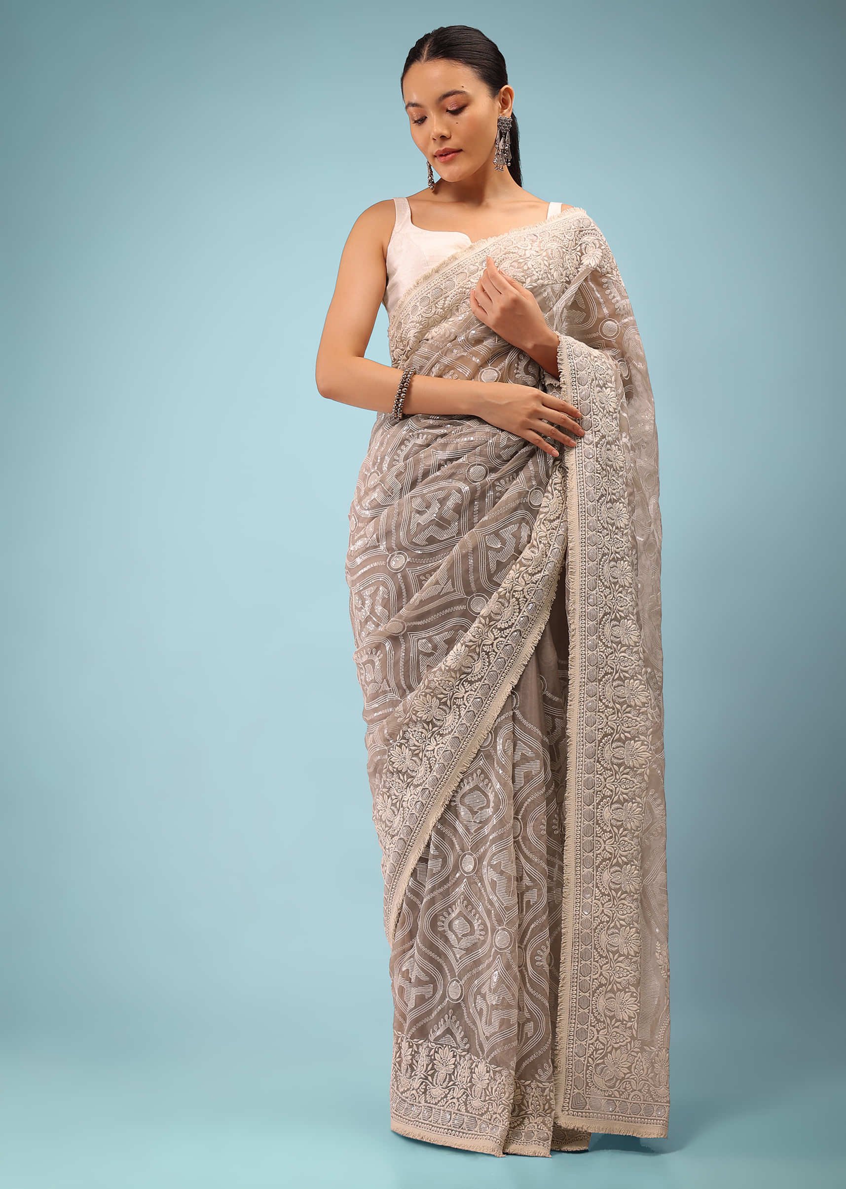 Fog Grey Organza Saree In Moroccan Lucknowi Thread Work, It Has Sequins Embroidery Detailing All Over