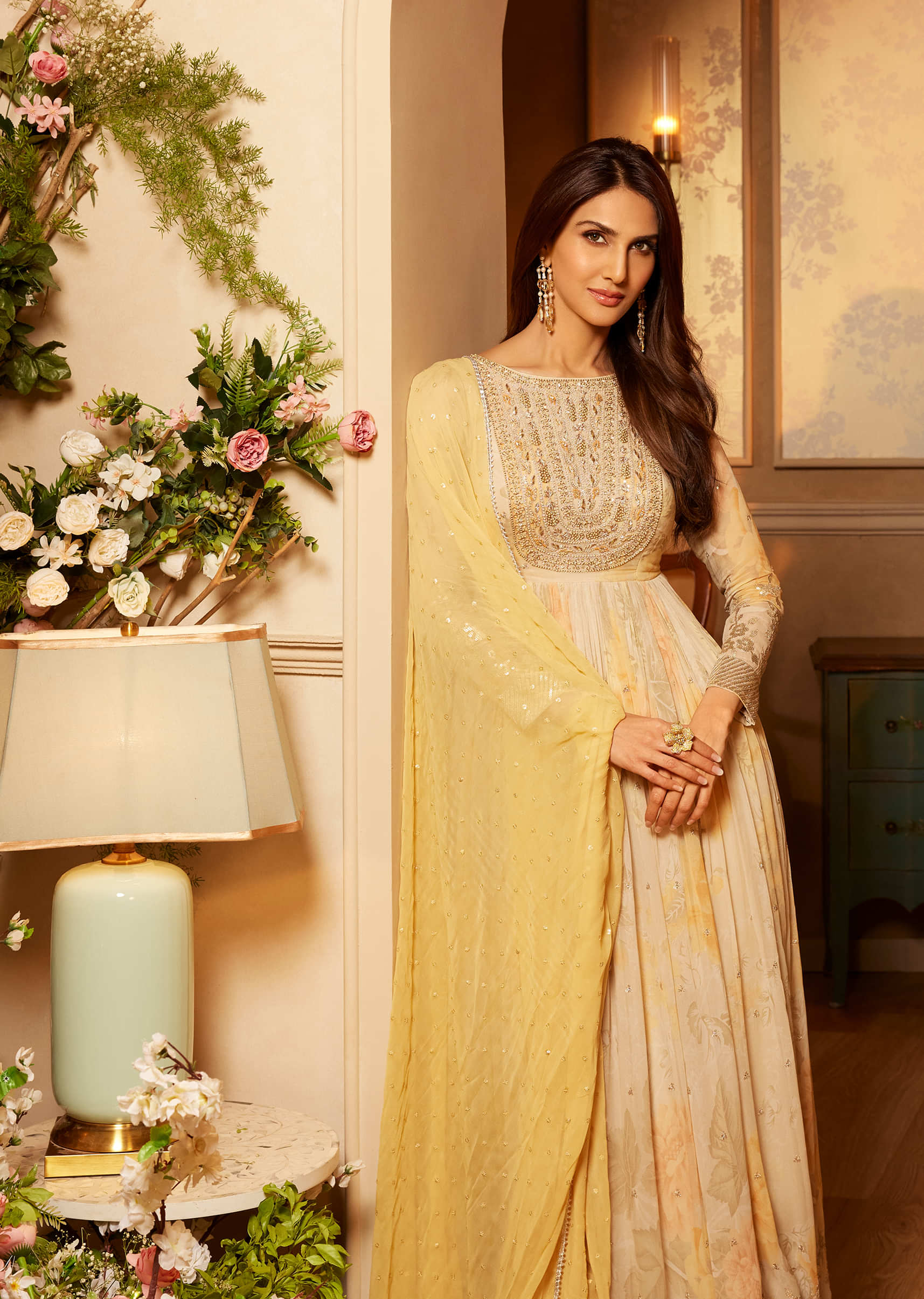 Vaani Kapoor Flaunting Our Fog Yellow Anarkali Suit In Multi-Color Floral Print With Sequins Embroidery