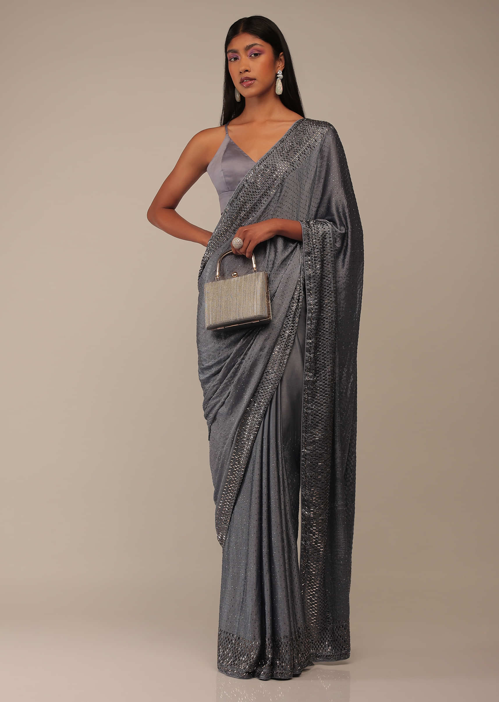 Folkstone Grey Saree With Stones Embellishment, Crafted In Chiffon With Scattered Stones