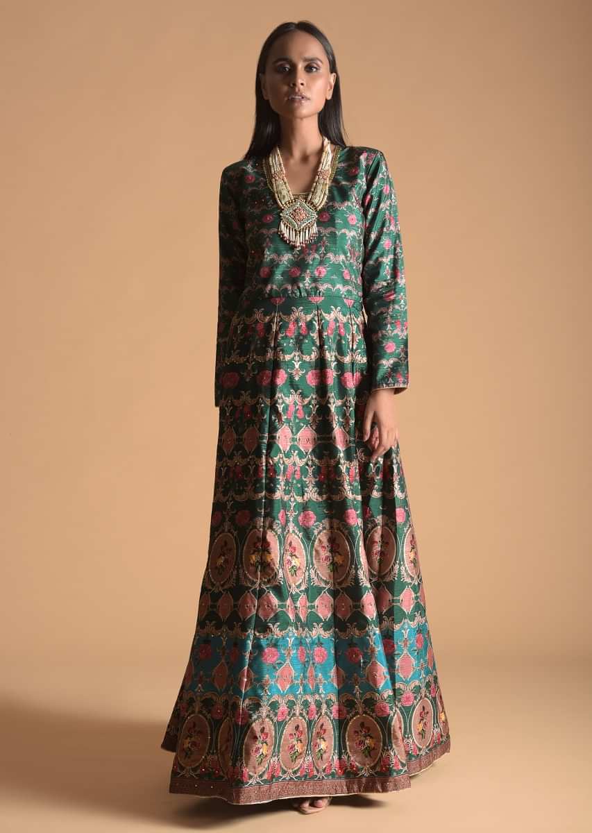 Buy Forest Green Anarkali Suit In Raw Silk With Floral Heritage Print ...
