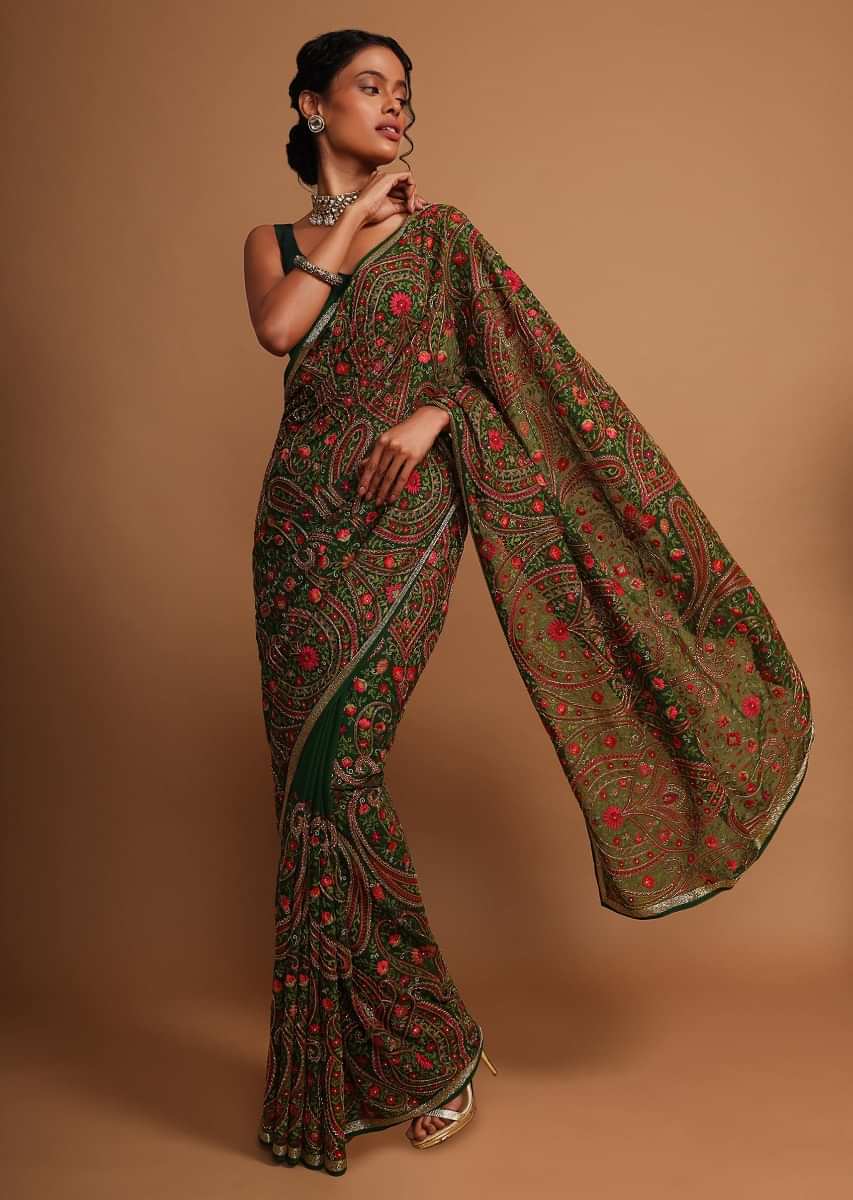 Vishal Prints Dark Sea Green Georgette Saree With Embroidery Work And