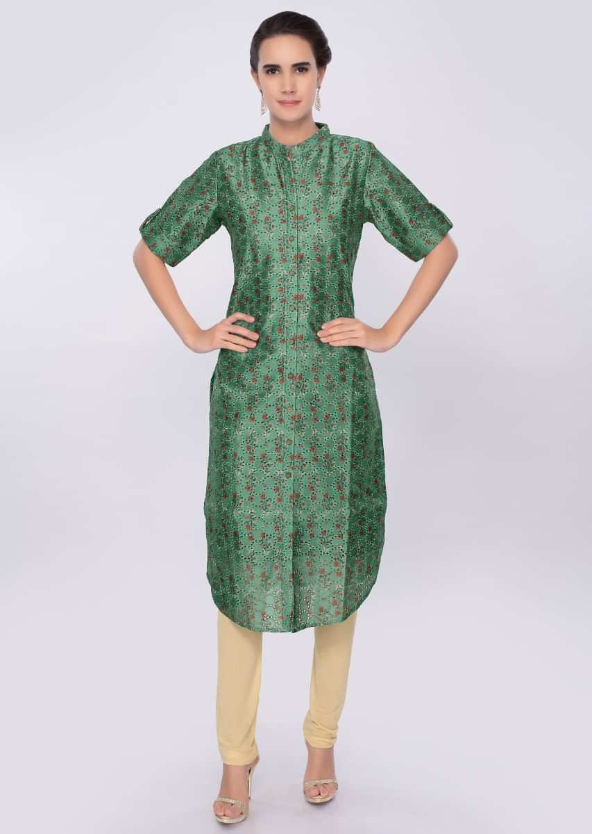 Forest green jacquard cotton kurti with floral print only on Kalki