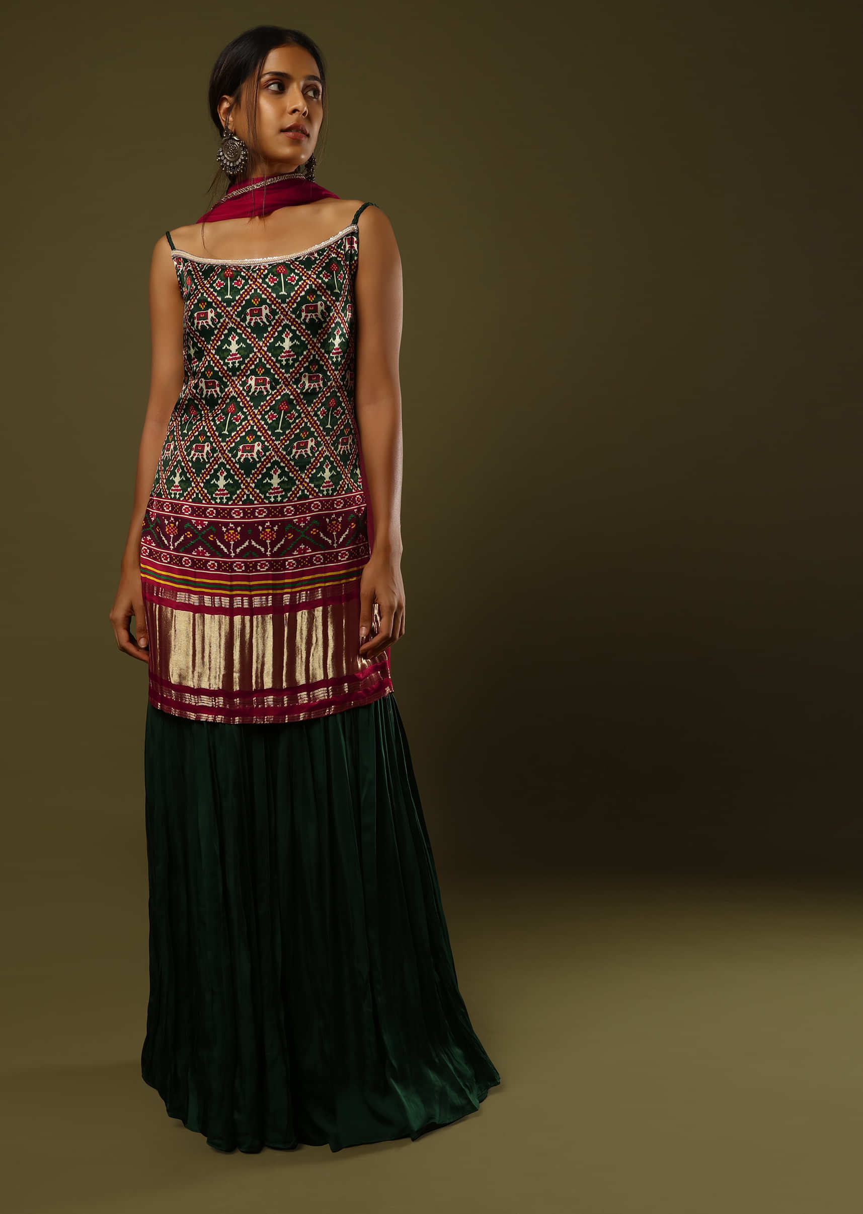 Forest Green Sharara Suit In Satin Blend With Patola Print And Brocade Border  