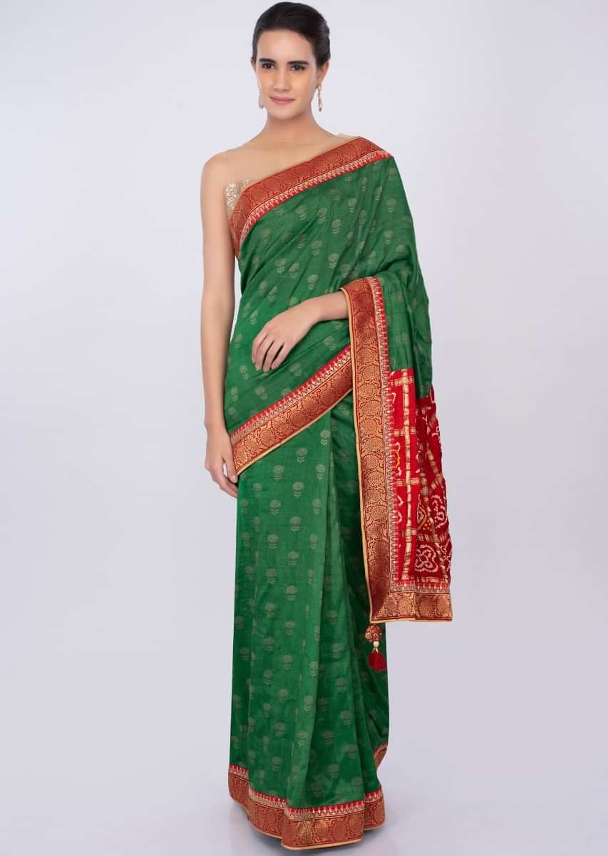 Forest green silk saree with red bandhani printed pallo only on kalki