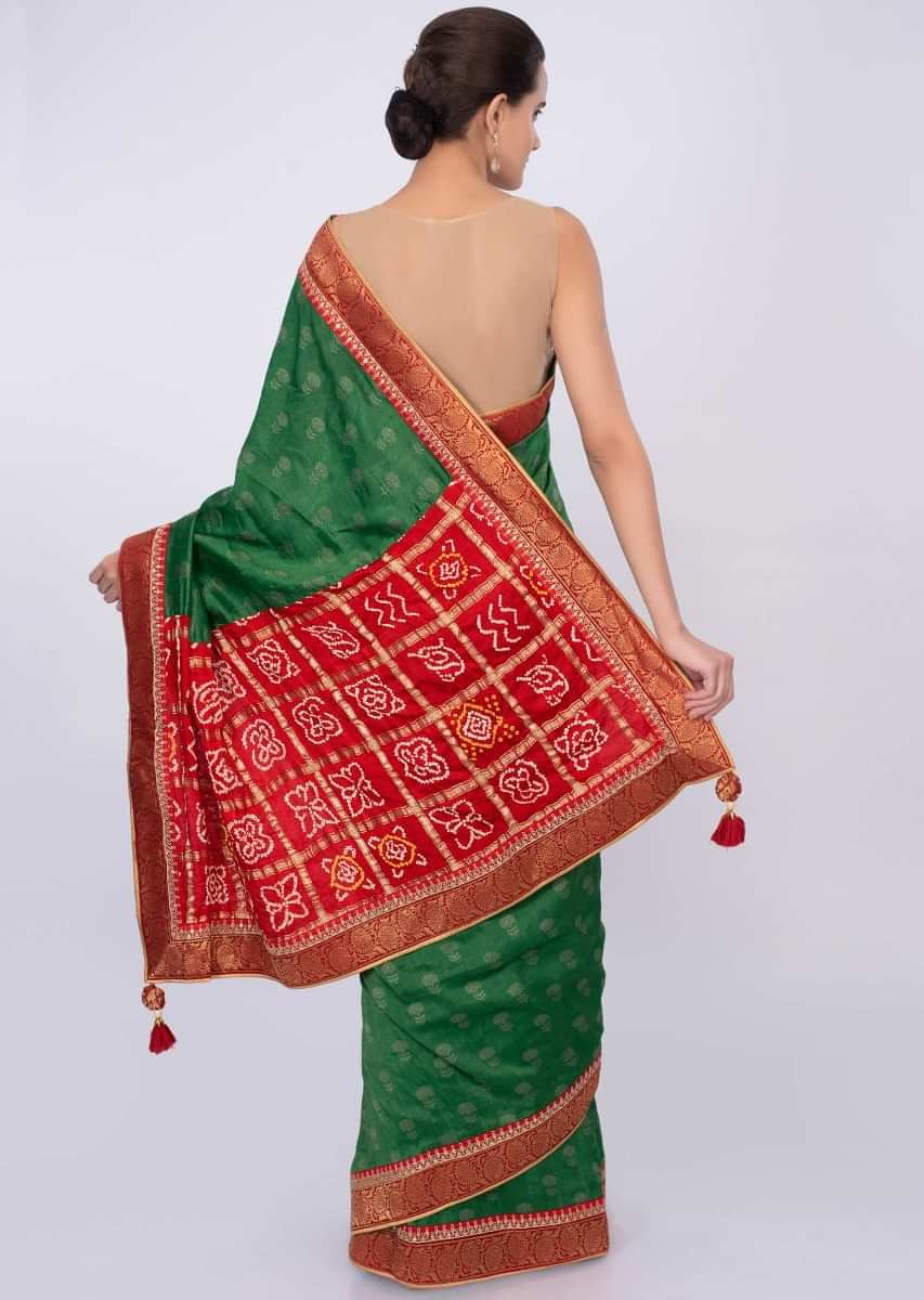 Forest green silk saree with red bandhani printed pallo only on kalki