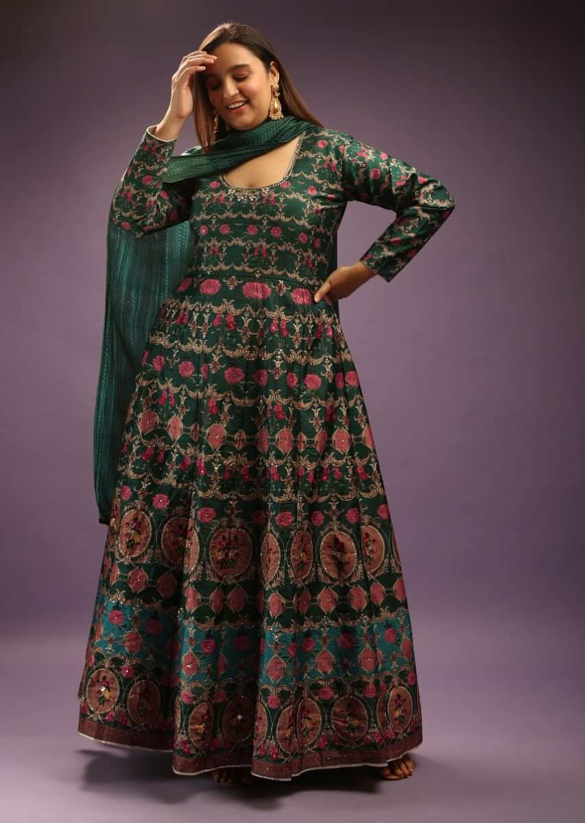 Forest Green Anarkali Suit In Raw Silk With Floral Heritage Print And Sequins Highlights  