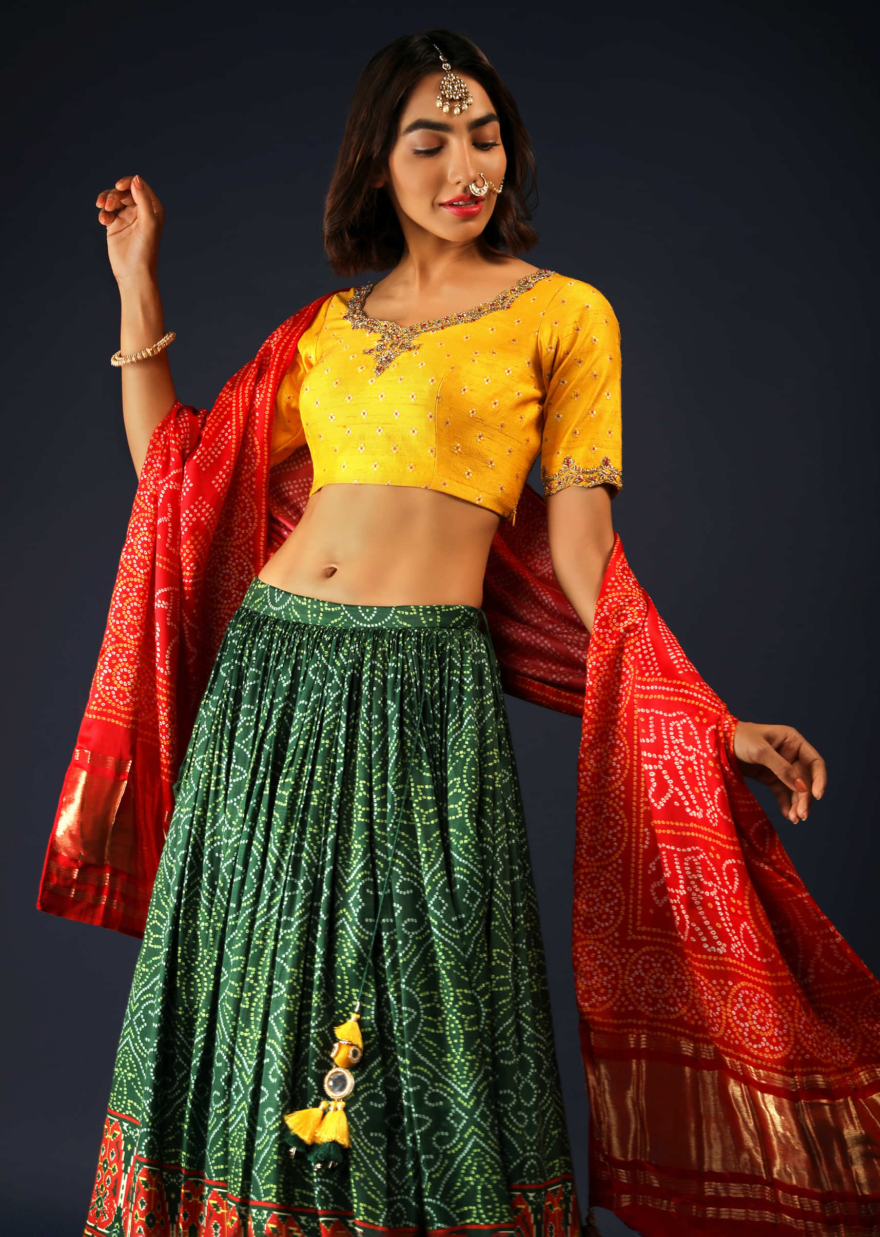 Forest Green Lehenga And Red Dupatta In Satin With Bandhani Print And Yellow Brocade Choli 