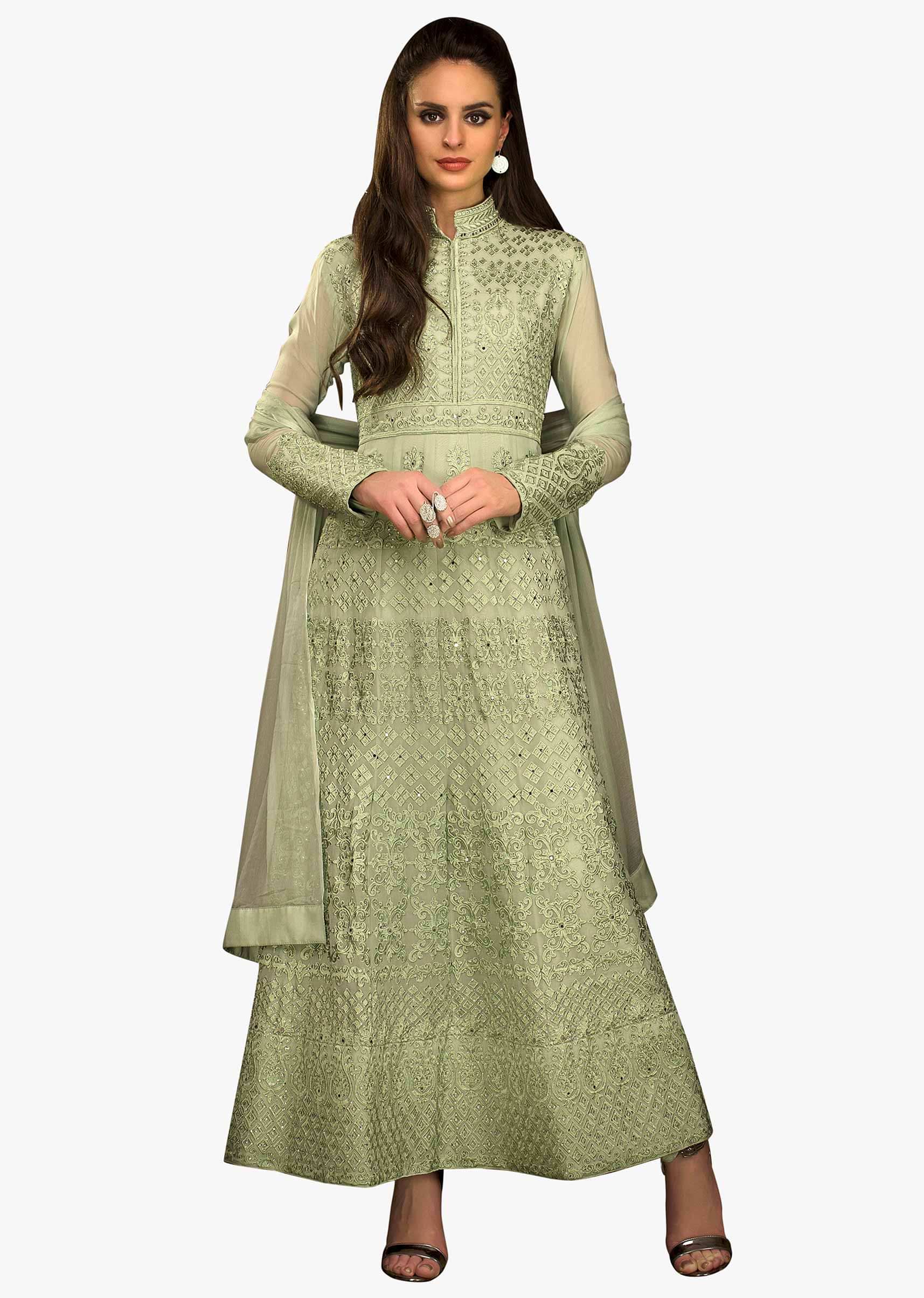 Forest green A line suit in georgette with resham and kundan embroidery