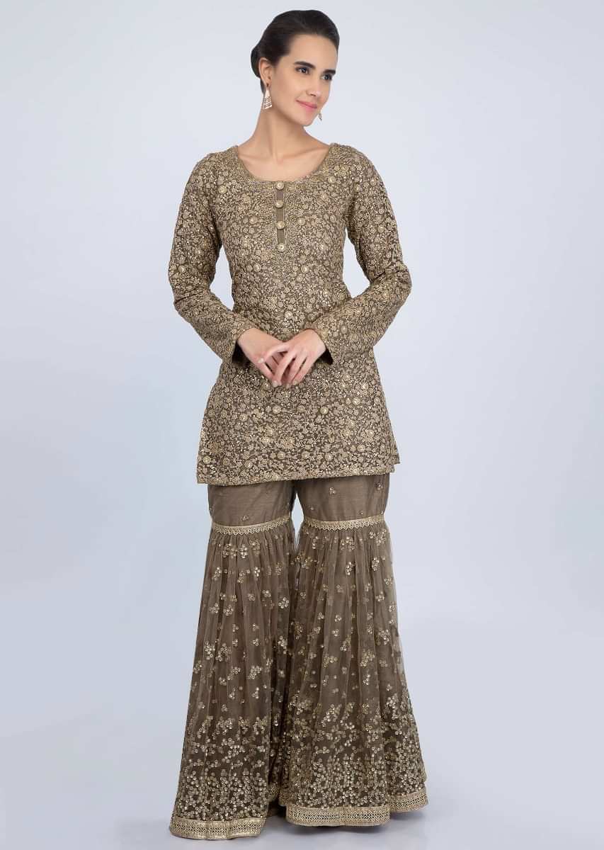 Fossil green net jaal embroidered sharara suit set only on Kalki