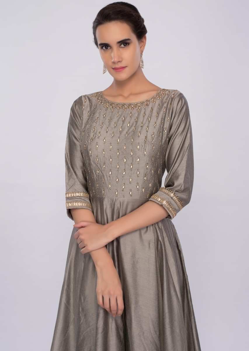 Fossil grey cotton silk  anarkali dress with embroidered bodice only on kalki