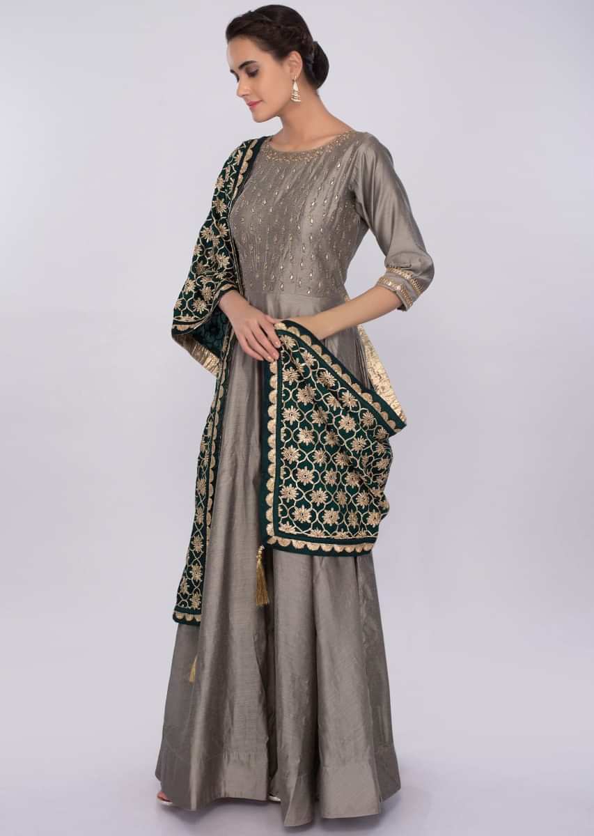 Fossil grey cotton silk  anarkali dress with embroidered bodice only on kalki