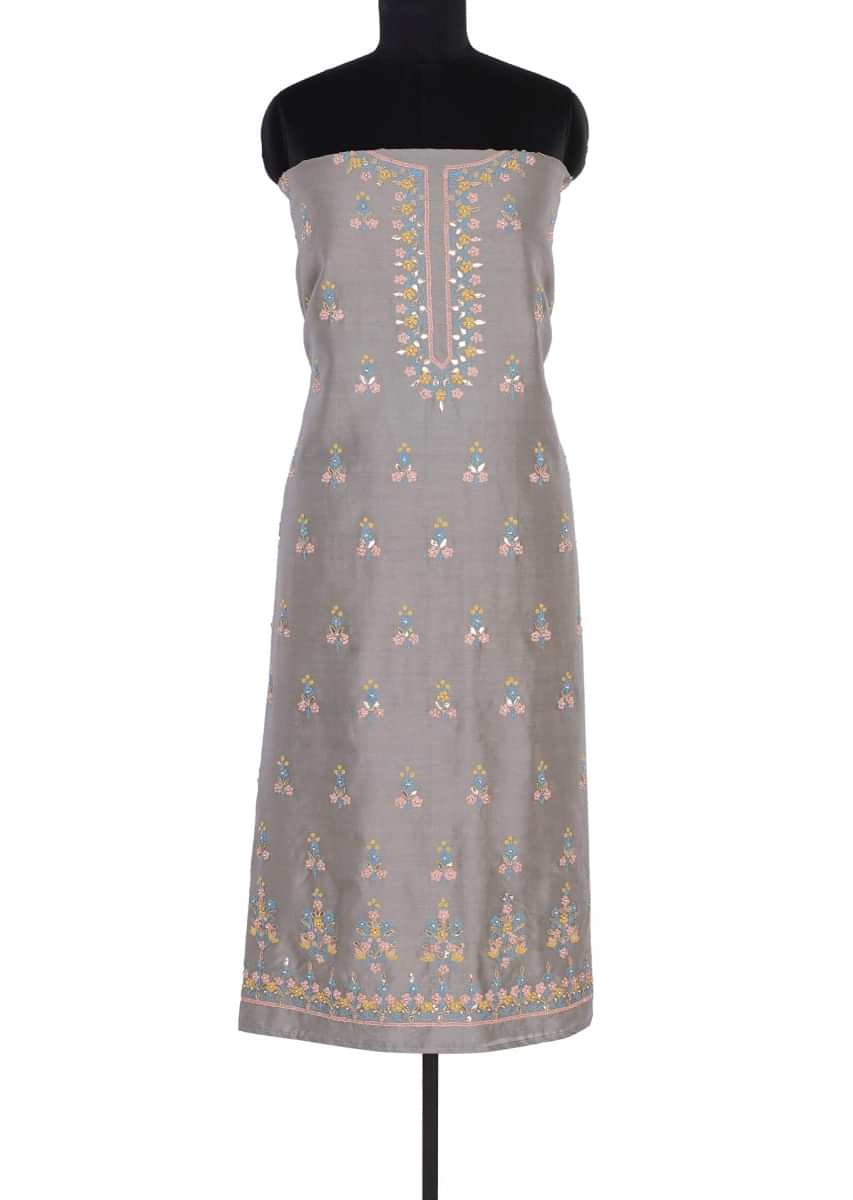 Fossil grey cotton unstitch suit with embroidery and butti only on Kalki