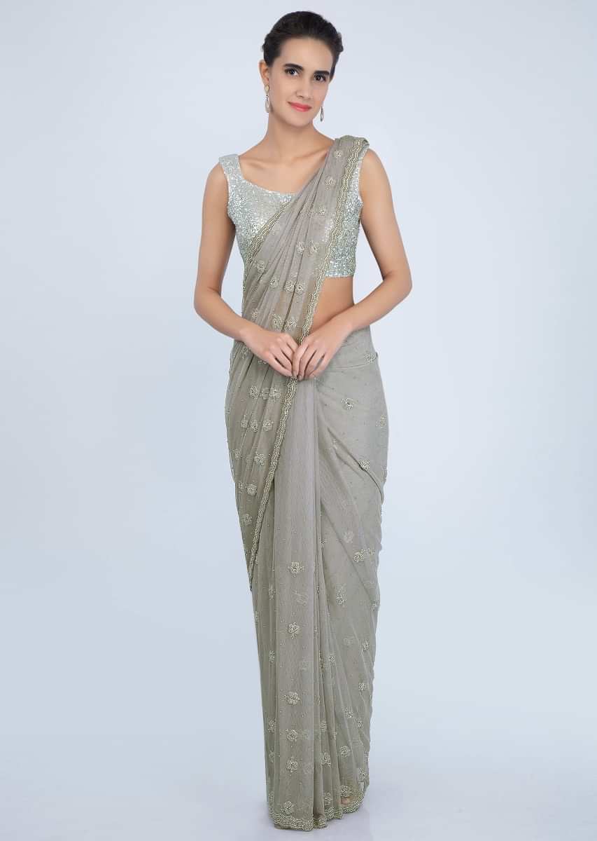 Fossil Grey Net Saree In Scallop Border And Moti Embroidery And Butti Online - Kalki Fashion
