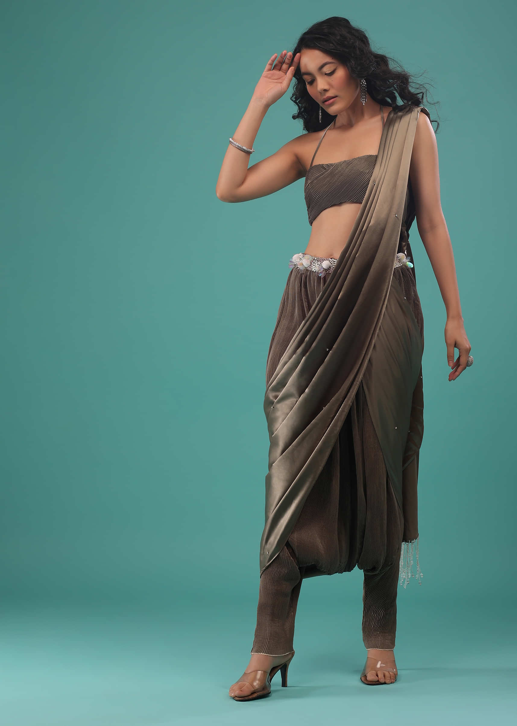 Fossil Brown Pre-Pleated Dhoti Saree In Knitted Pleated Fabric