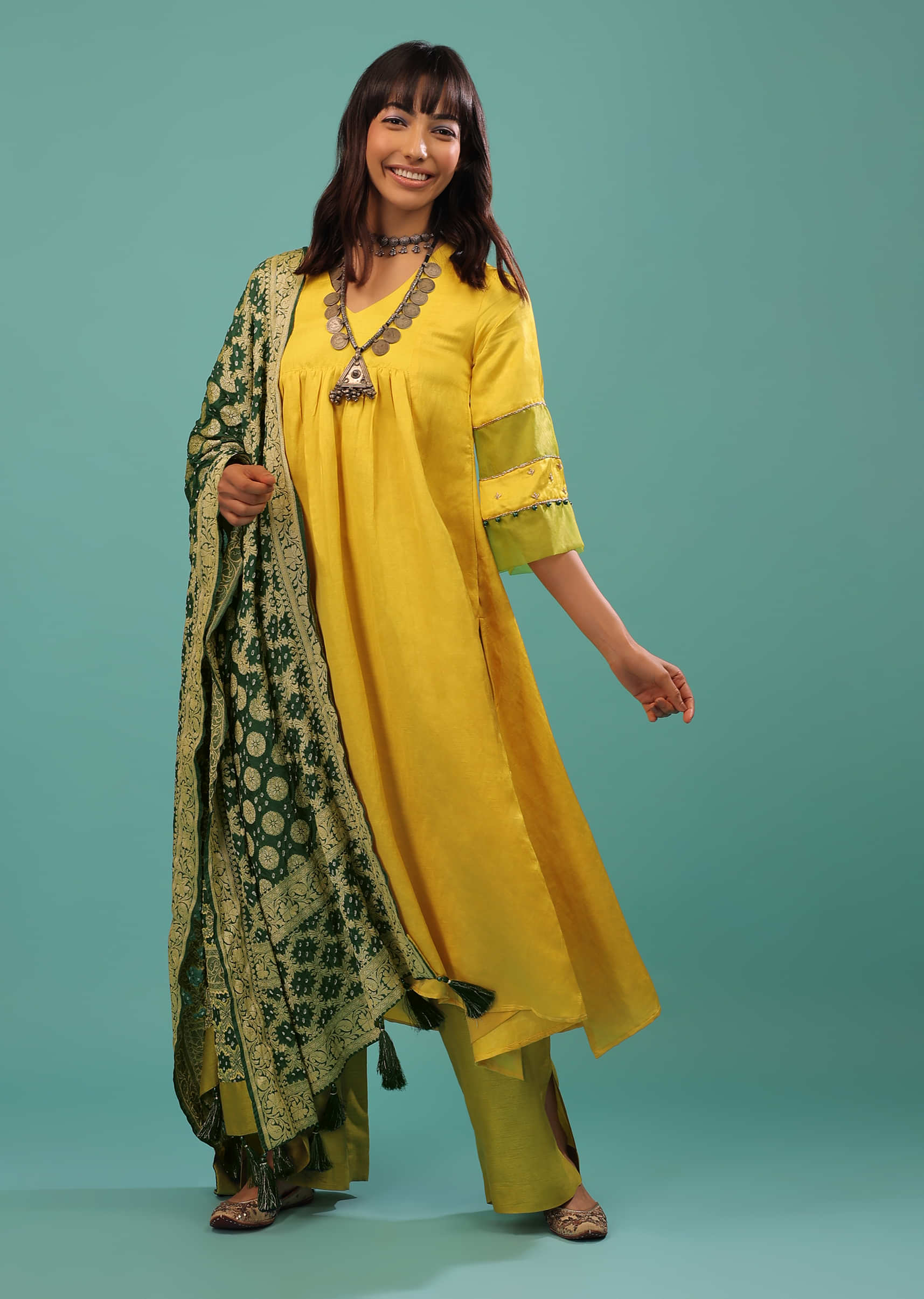 Freesia Yellow A Line Suit With Woven Bandhani Brocade Green Dupatta