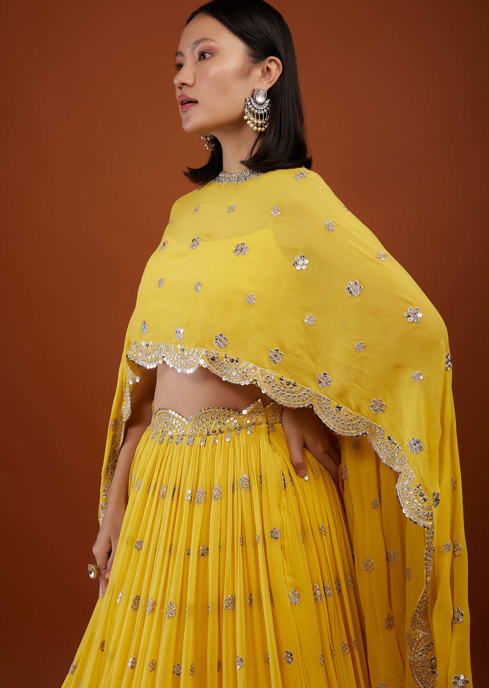 Daffodil Yellow Embroidered Lehenga In Georgette With Cape