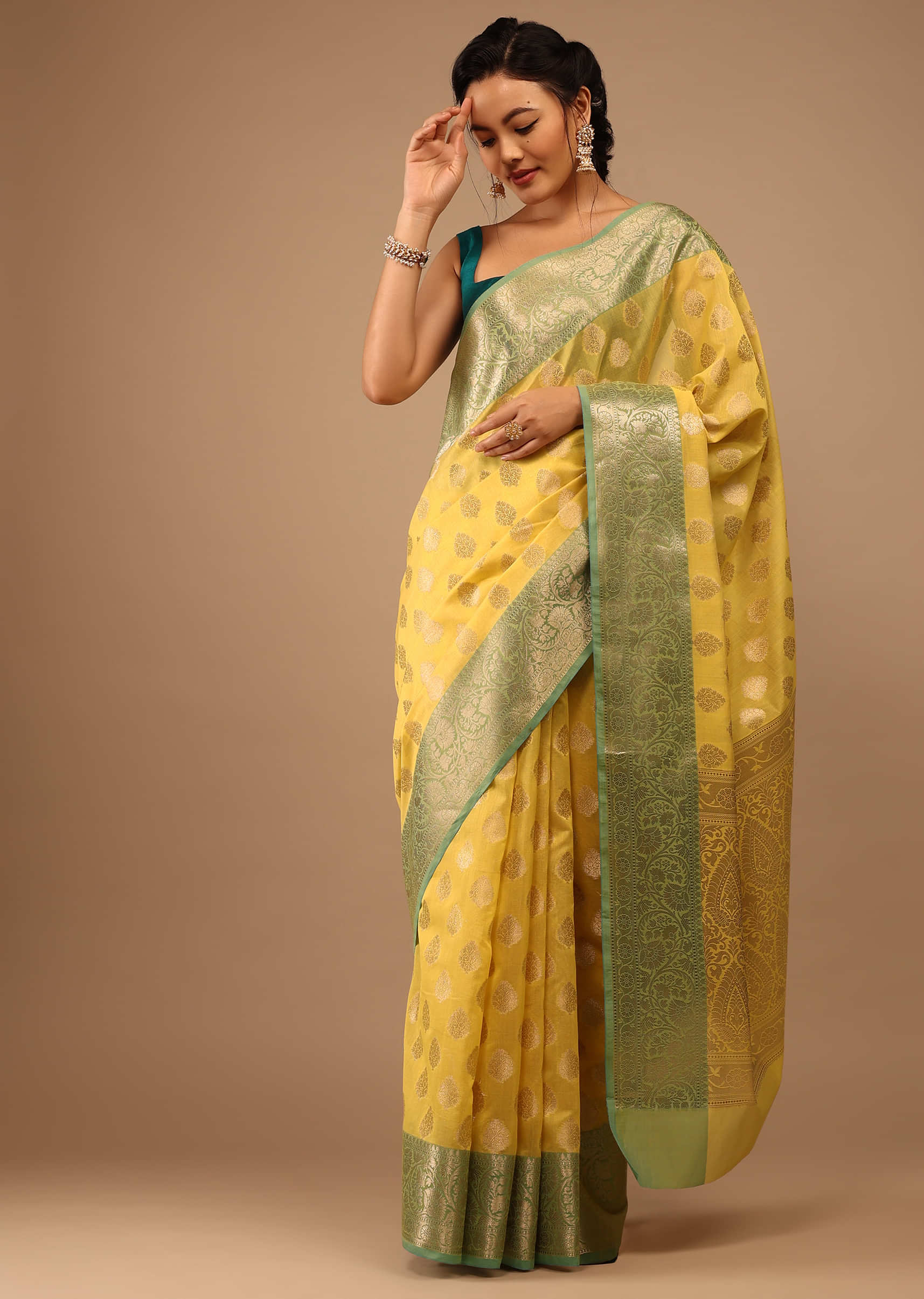 Freesia Yellow Saree In Banarsi Chanderi And Pure Handloom Cotton