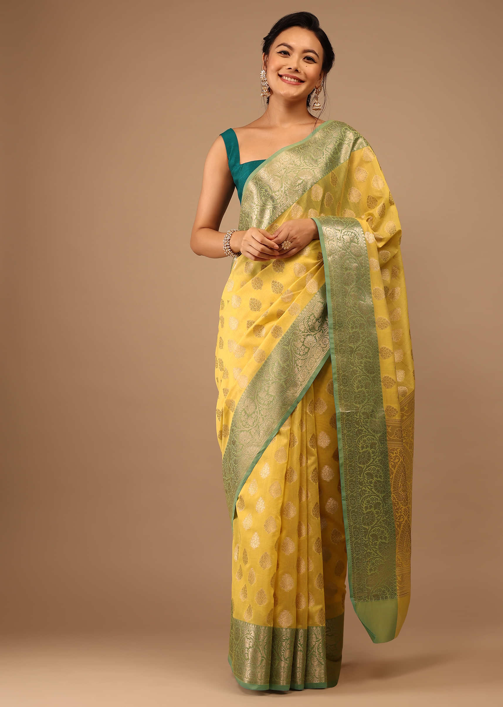 Cyber Yellow Saree In Banarsi Chanderi And Pure Handloom Cotton
