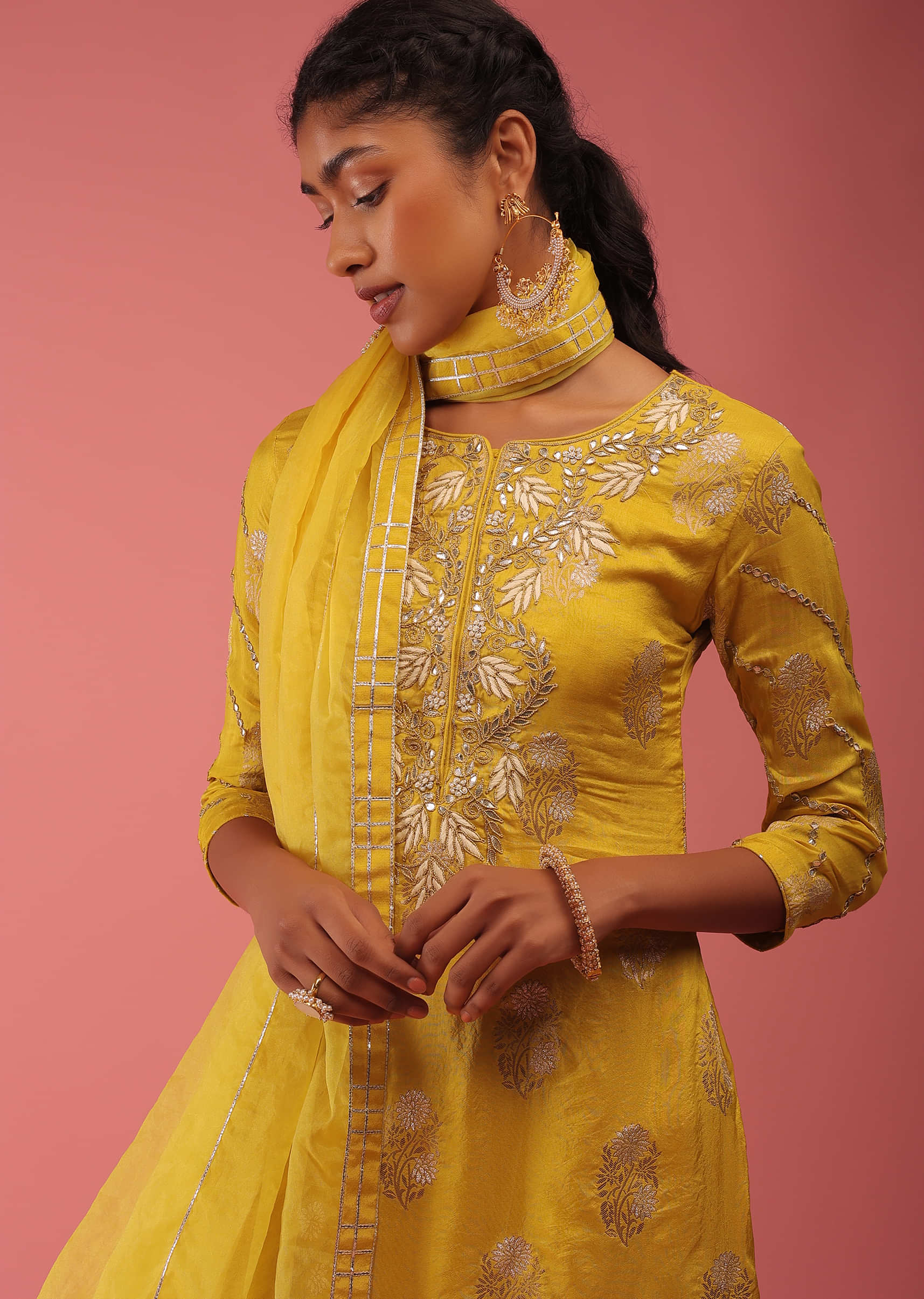 Freesia Yellow Sharara Suit In Golden Zari Embroidery, Crafted In Organza With Embroidery 3/4Th Sleeves