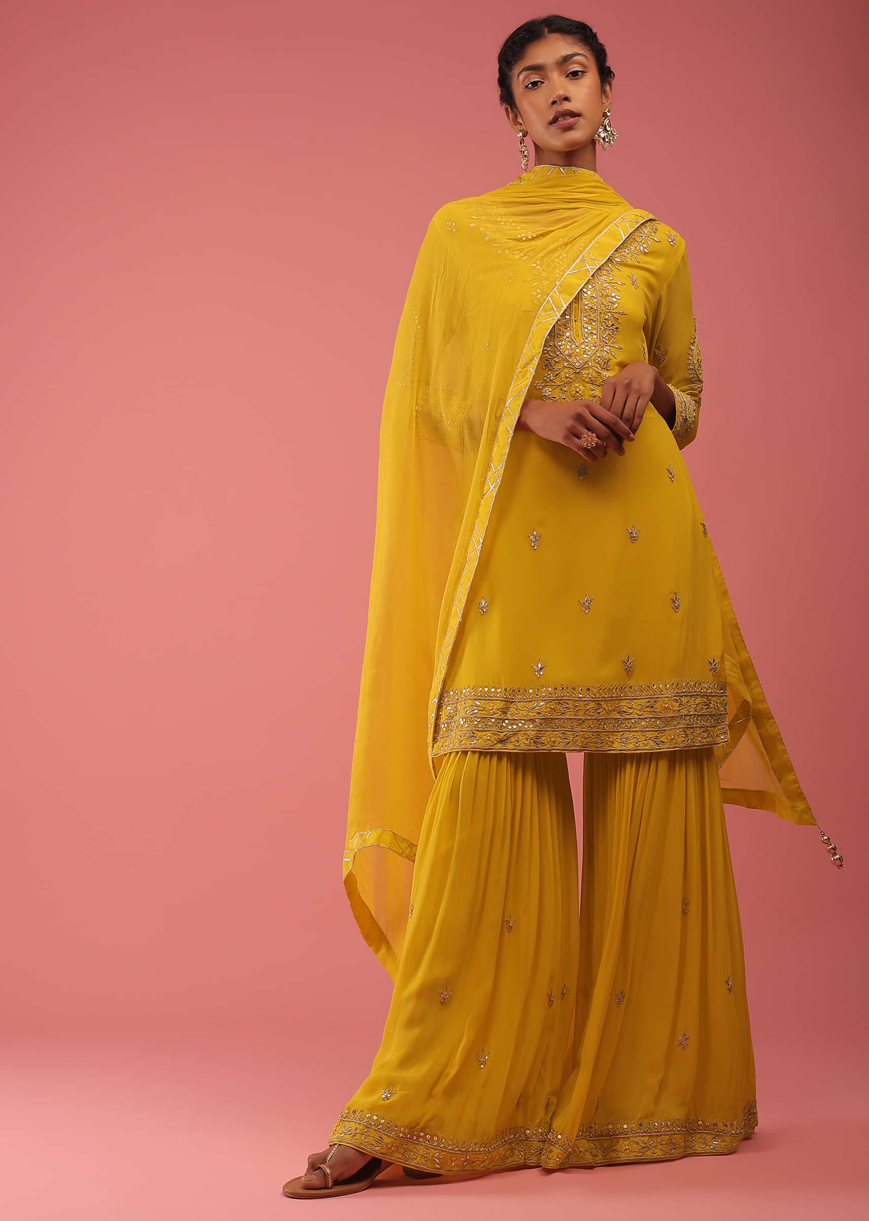 Freesia Yellow Sharara Suit In Gotta Pati Embroidery, Crafted In Georgette With A Round Neckline