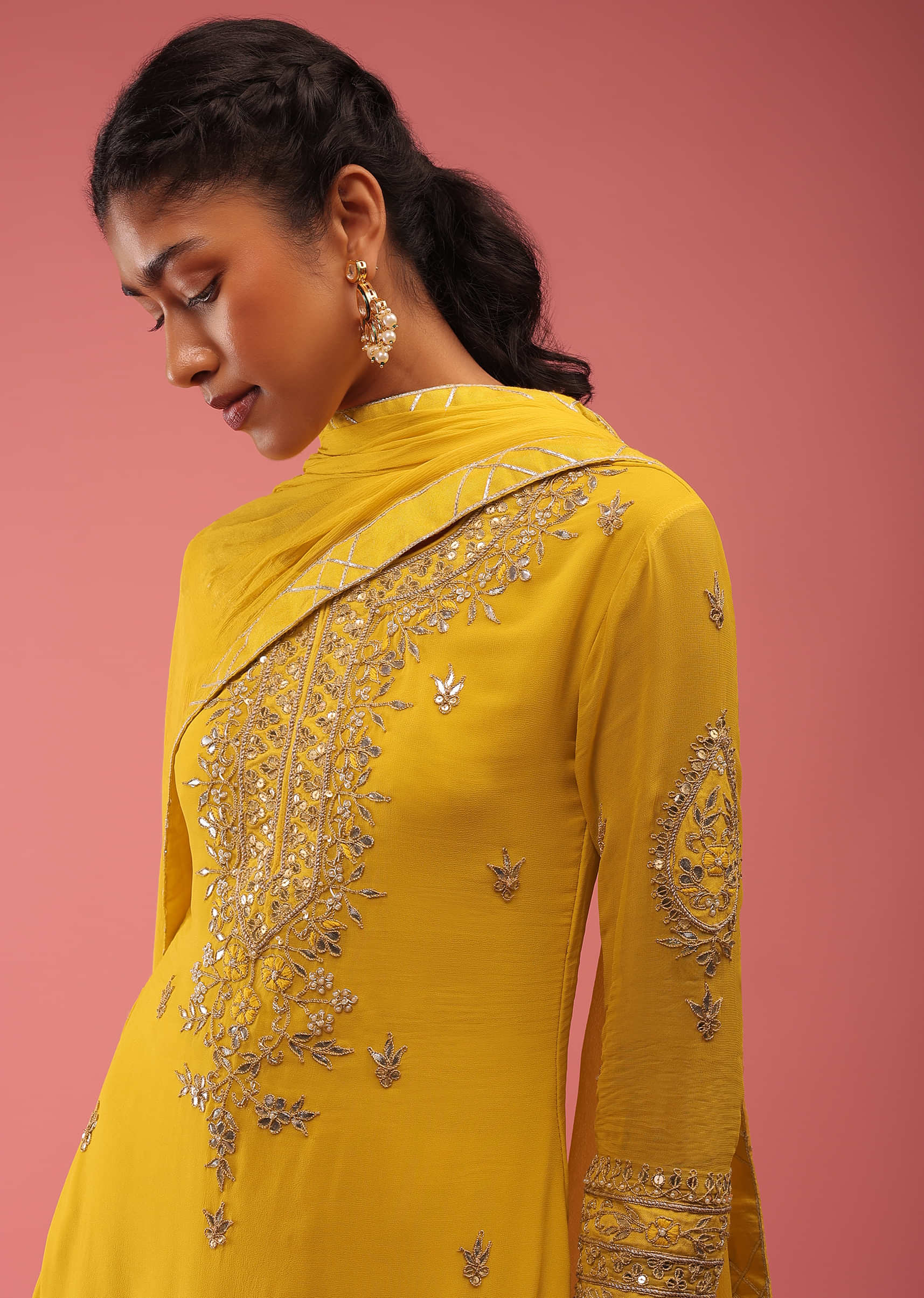 Freesia Yellow Sharara Suit In Gotta Pati Embroidery, Crafted In Georgette With A Round Neckline