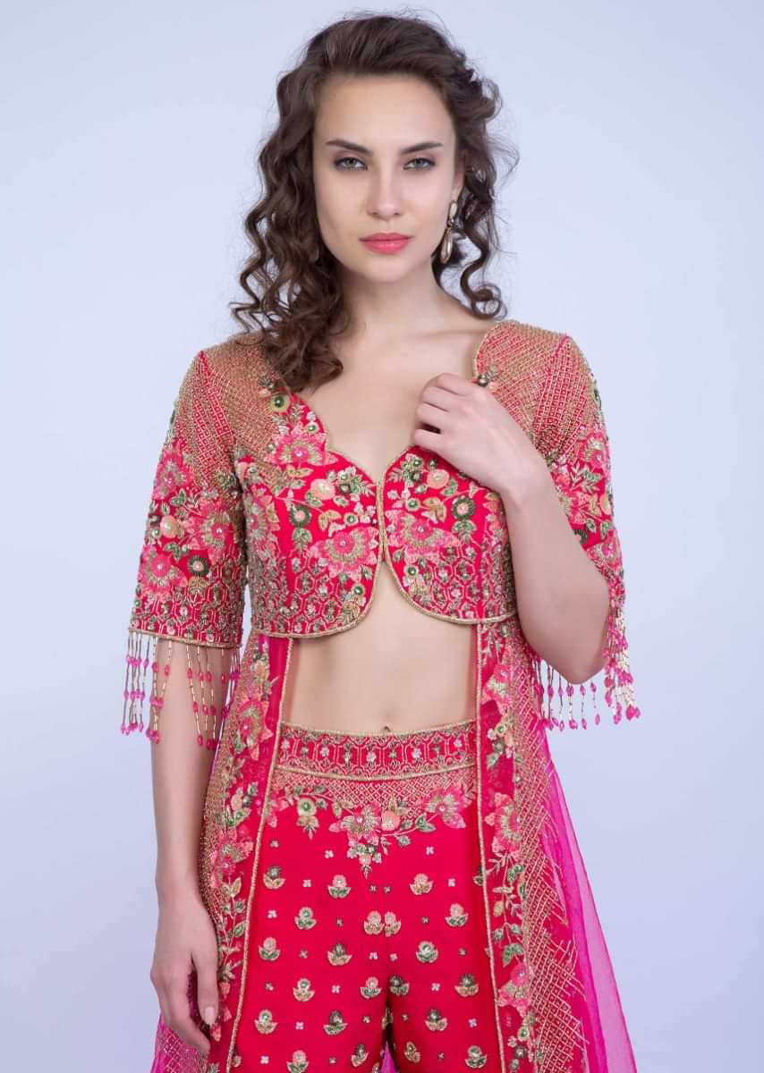 French Pink Jacket Sharara Set In Floral Embroidery And Butti Online - Kalki Fashion