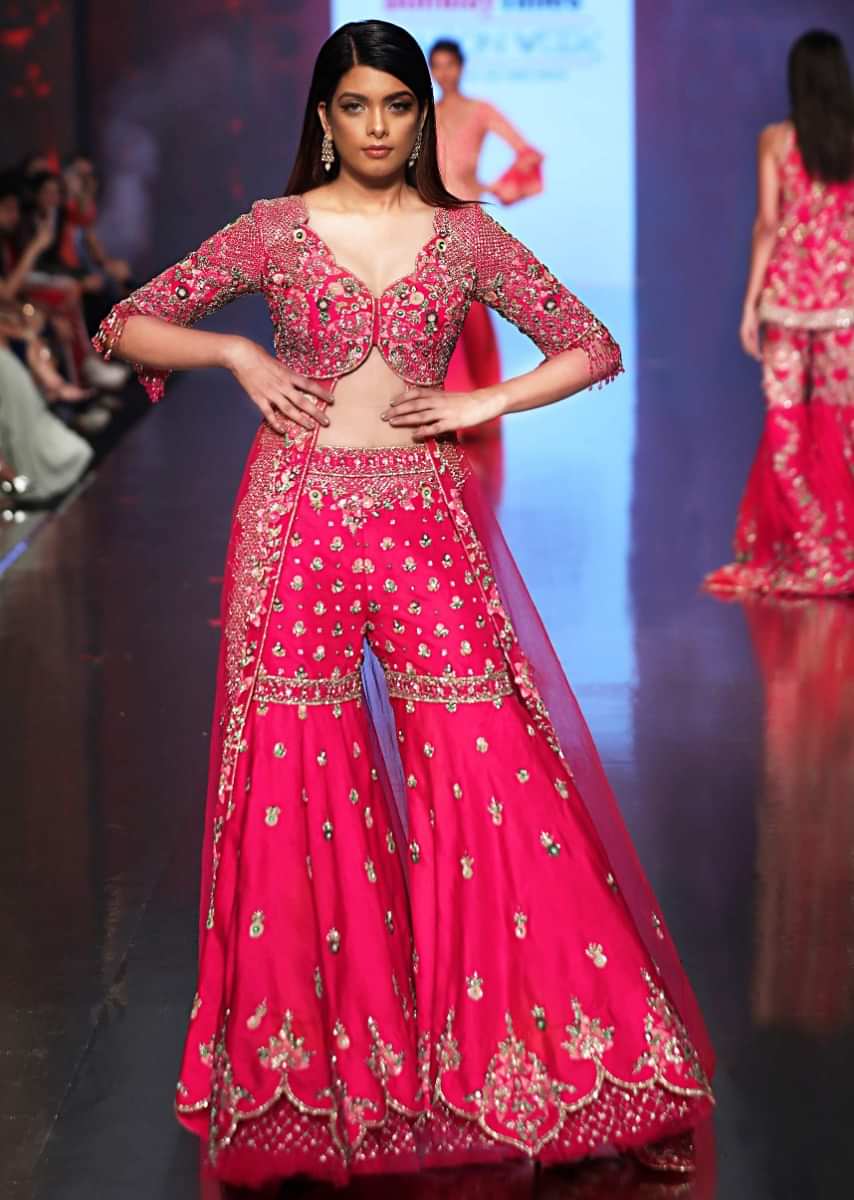 French Pink Jacket Sharara Set In Floral Embroidery And Butti Online - Kalki Fashion