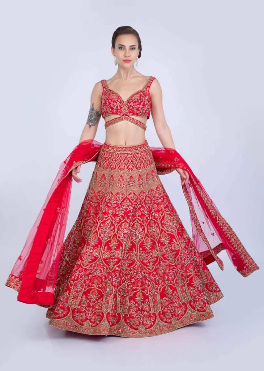 French Pink Lehenga Set In Raw Silk Heavily Embellished In Moroccan And Floral Motif Online - Kalki Fashion