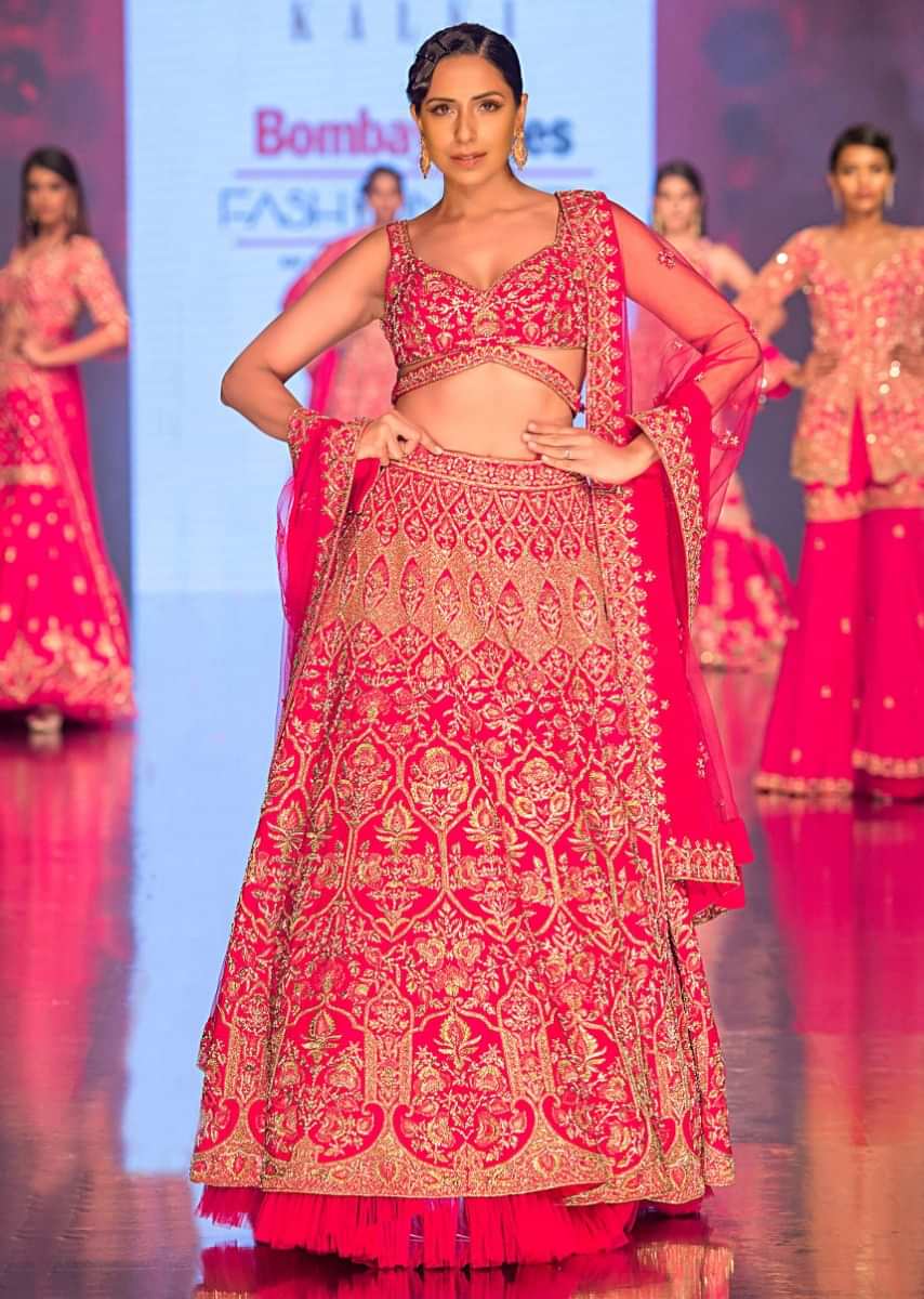 French Pink Lehenga Set In Raw Silk Heavily Embellished In Moroccan And Floral Motif Online - Kalki Fashion