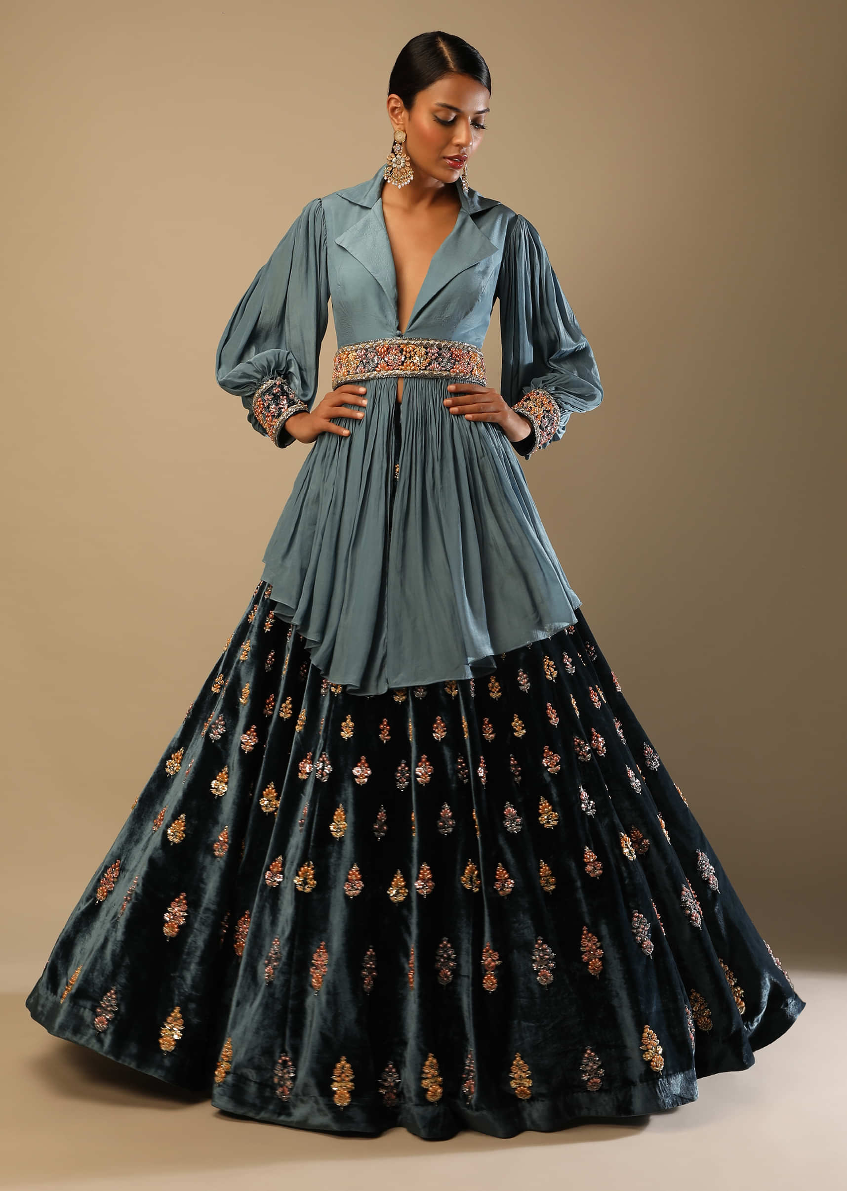 French Blue Lehenga With Hand Embroidered Buttis And Light Blue Peplum Top With Collar Neckline And Bishop Sleeves 