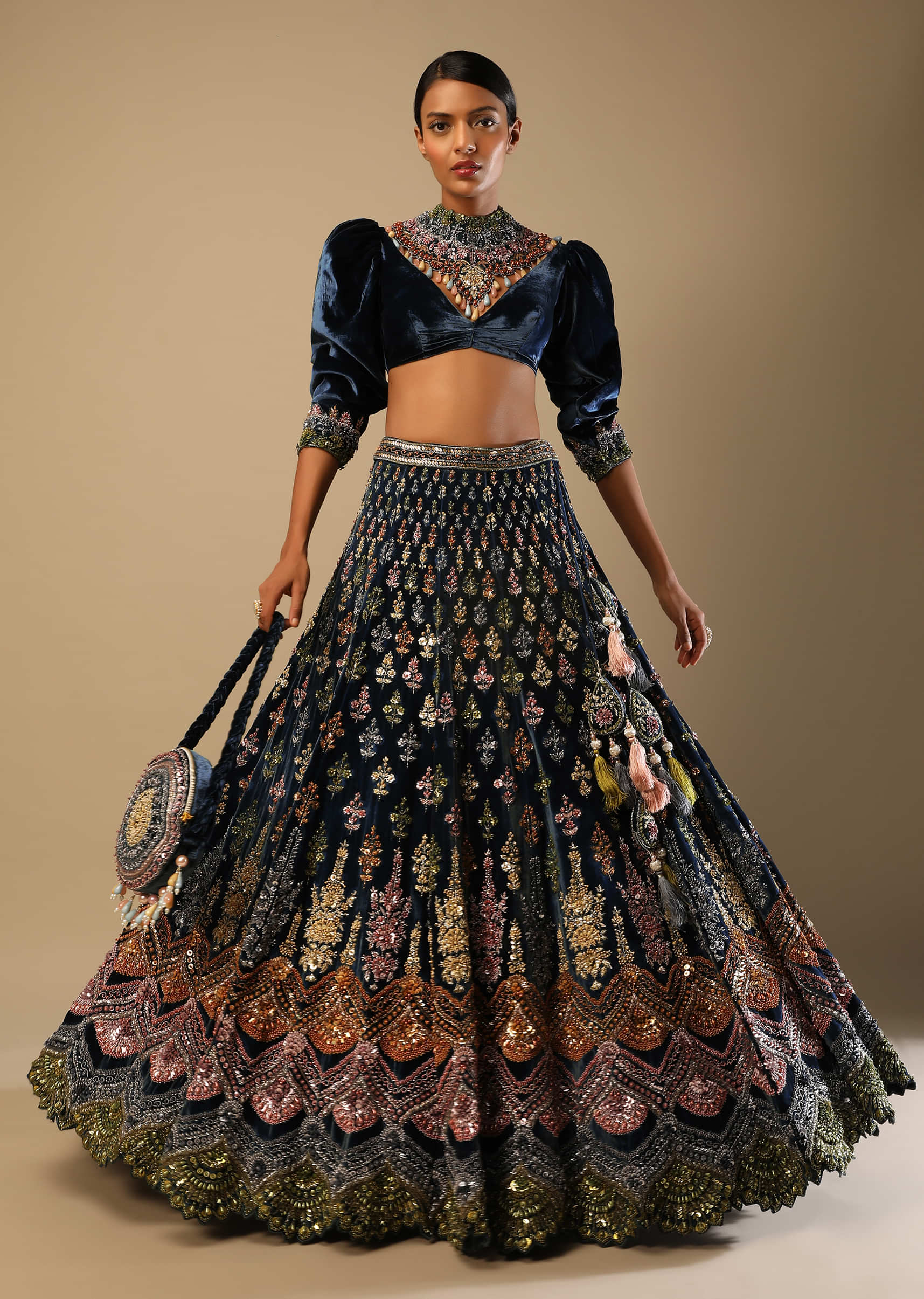 French Blue Lehenga With Multi Colored Hand Embroidered Scallop Design, Puff Sleeves Blouse And Embroidered Choker 