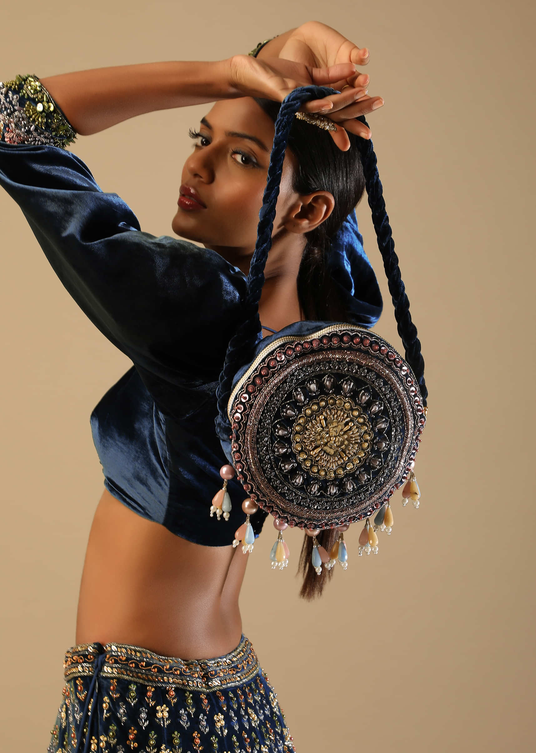French Blue Round Clutch In Velvet With multicolored Sequins And Beads Hand Work And Tassels On The Bottom