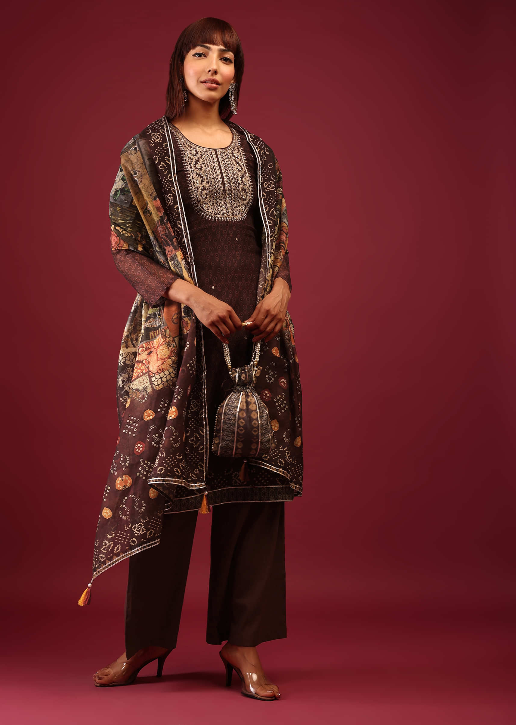 French Roast Brown Printed Palazzo Suit In Tussar Silk With A Stunning Potli Bag And Digital Print Dupatta