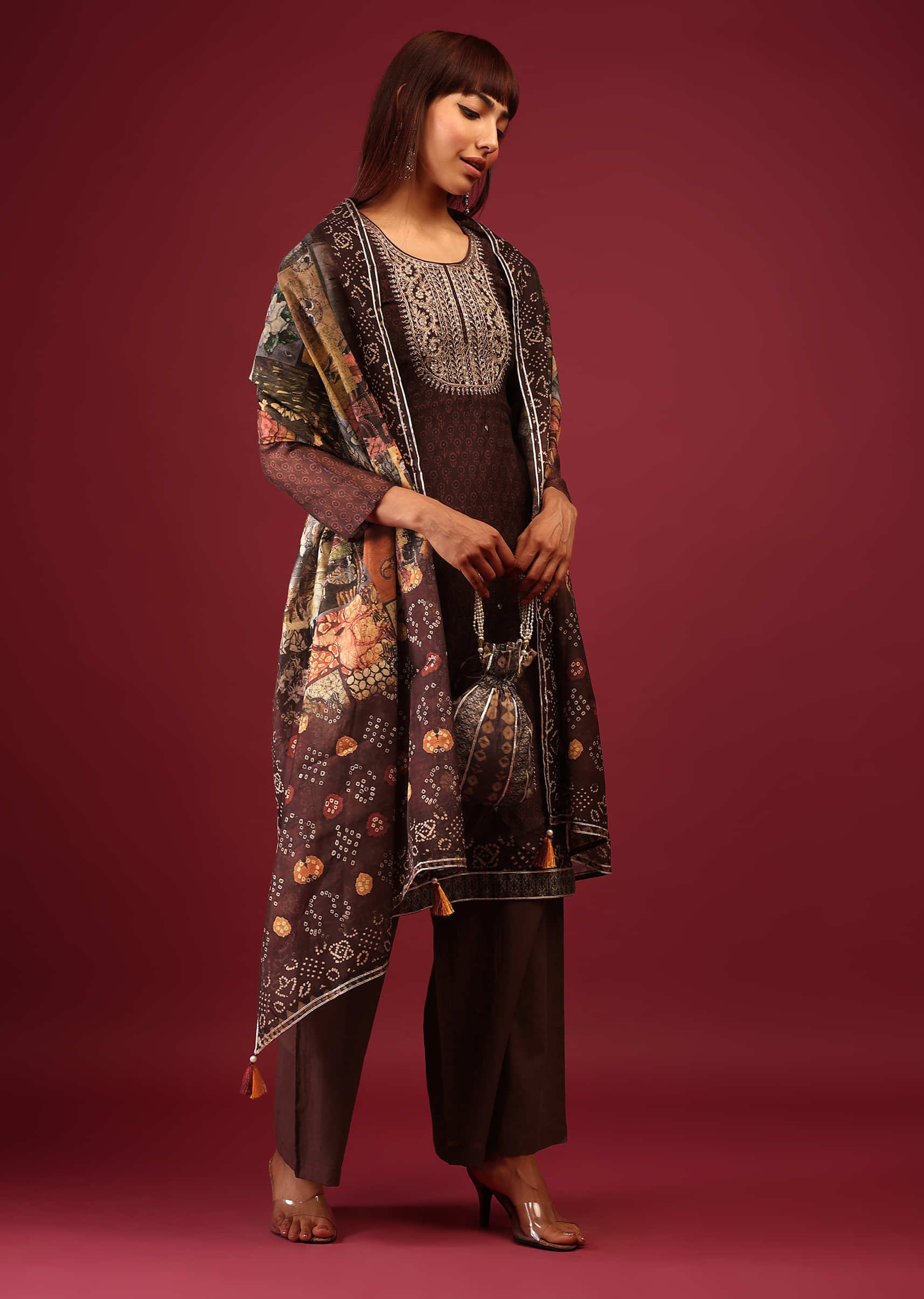 Dark Brown Printed Palazzo Suit In Tussar Silk With A Stunning Potli Bag