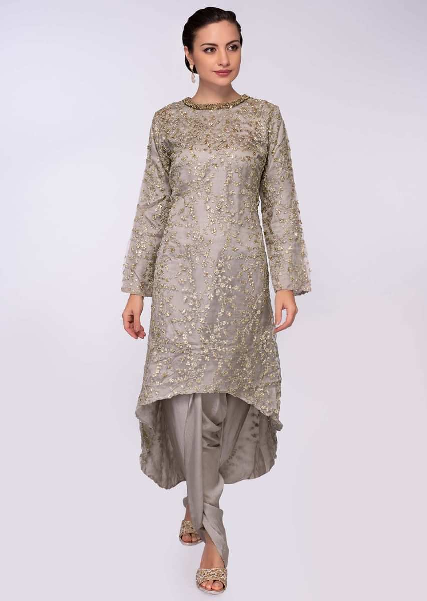 Front short back long grey organza suit paired with satin dhoti pants 