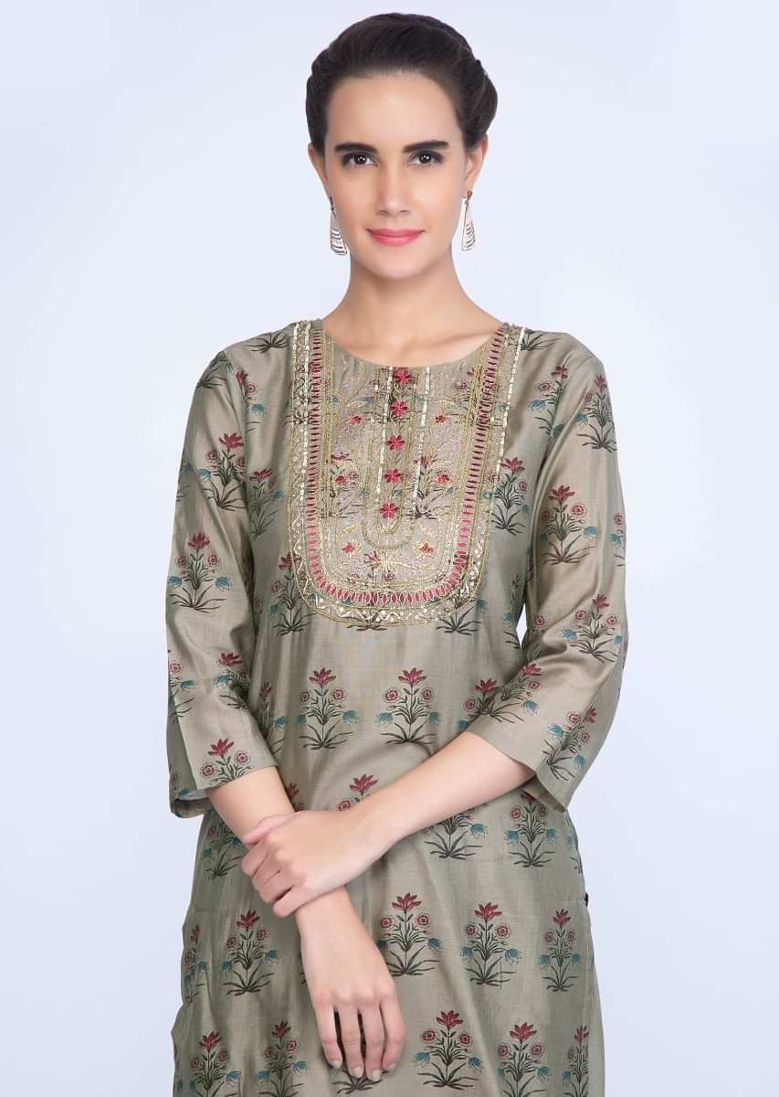 Front short back long olive green printed top with matching dhoti pant only on kalki