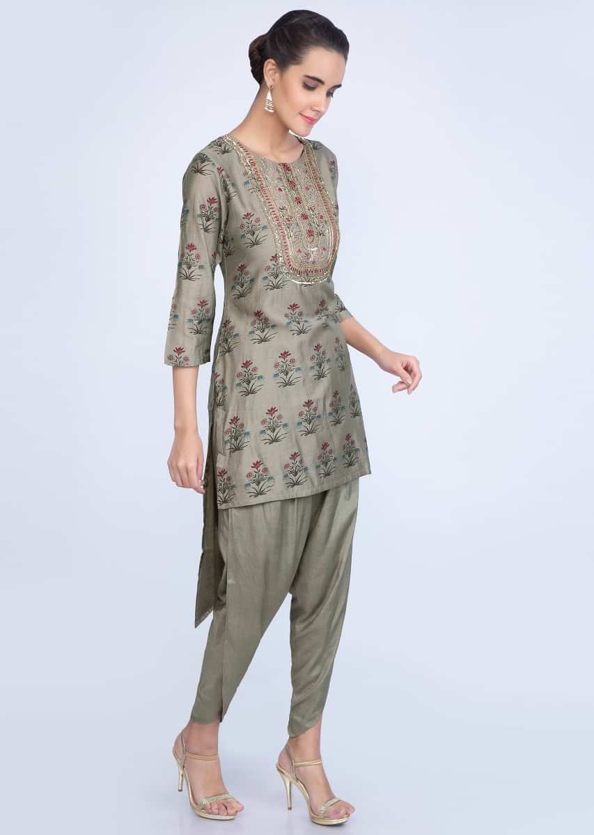 Front short back long olive green printed top with matching dhoti pant only on kalki