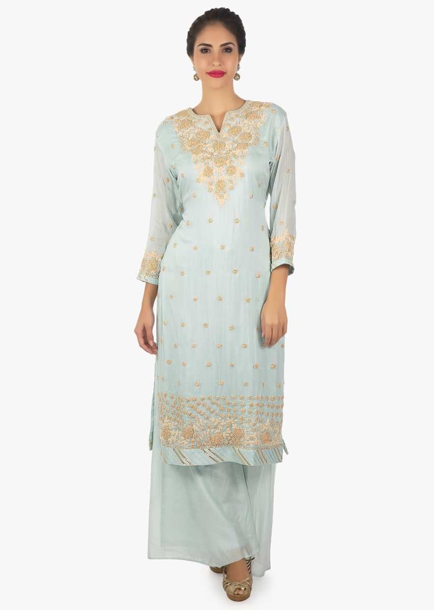 Frost Blue Palazzo Suit Embellished With Cord Work , Moti And Zardosi Online - Kalki Fashion