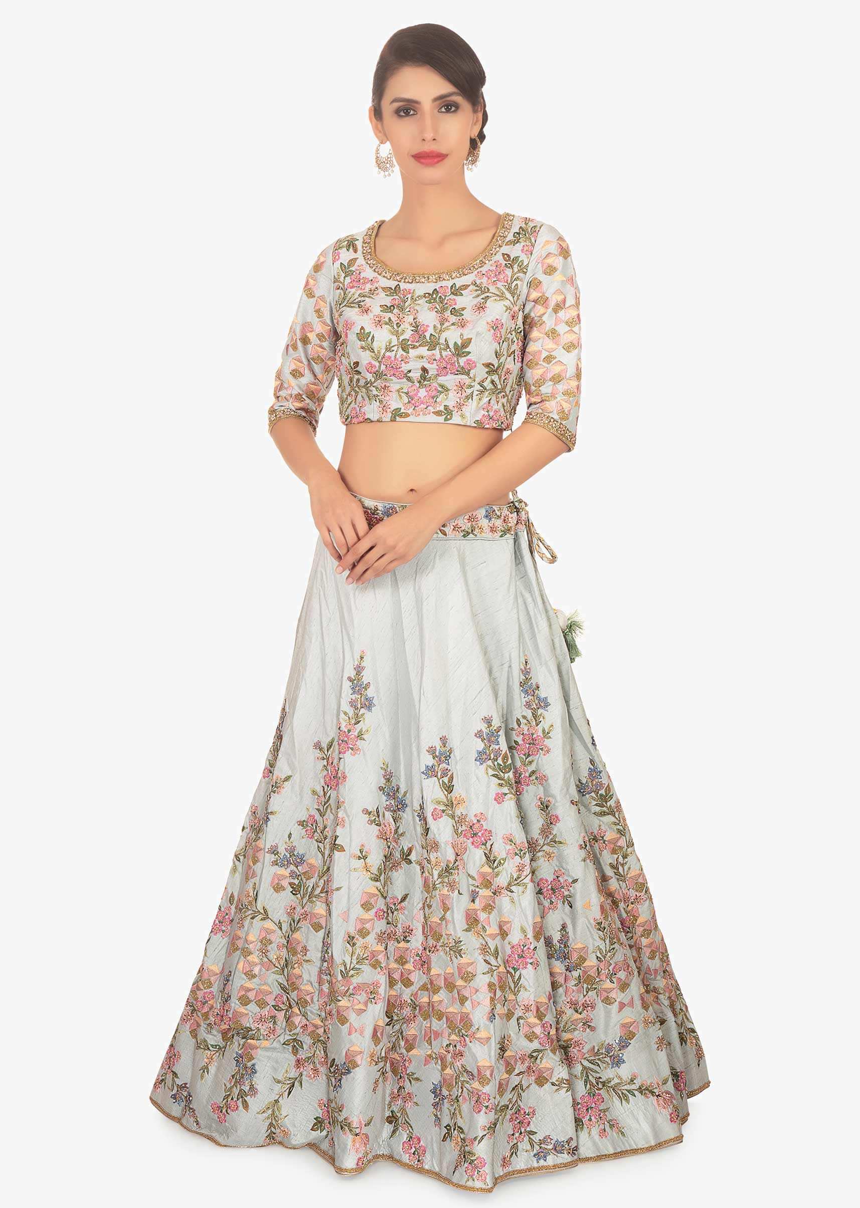 Frost blue raw silk embroidered lehenga set paired with Peach net dupatta