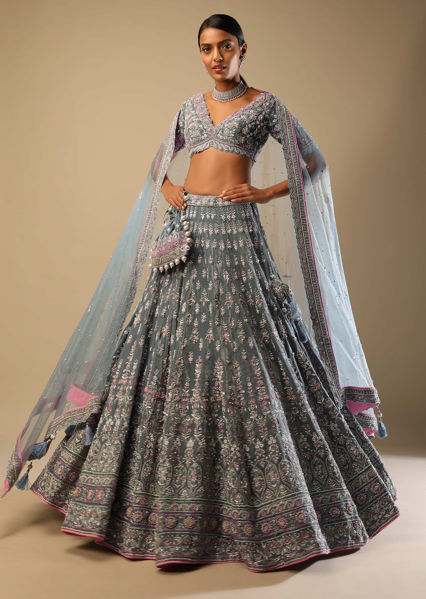 Frost Blue Lehenga Choli With Multi Colored Beads Embroidered Buttis And Mughal Border 
