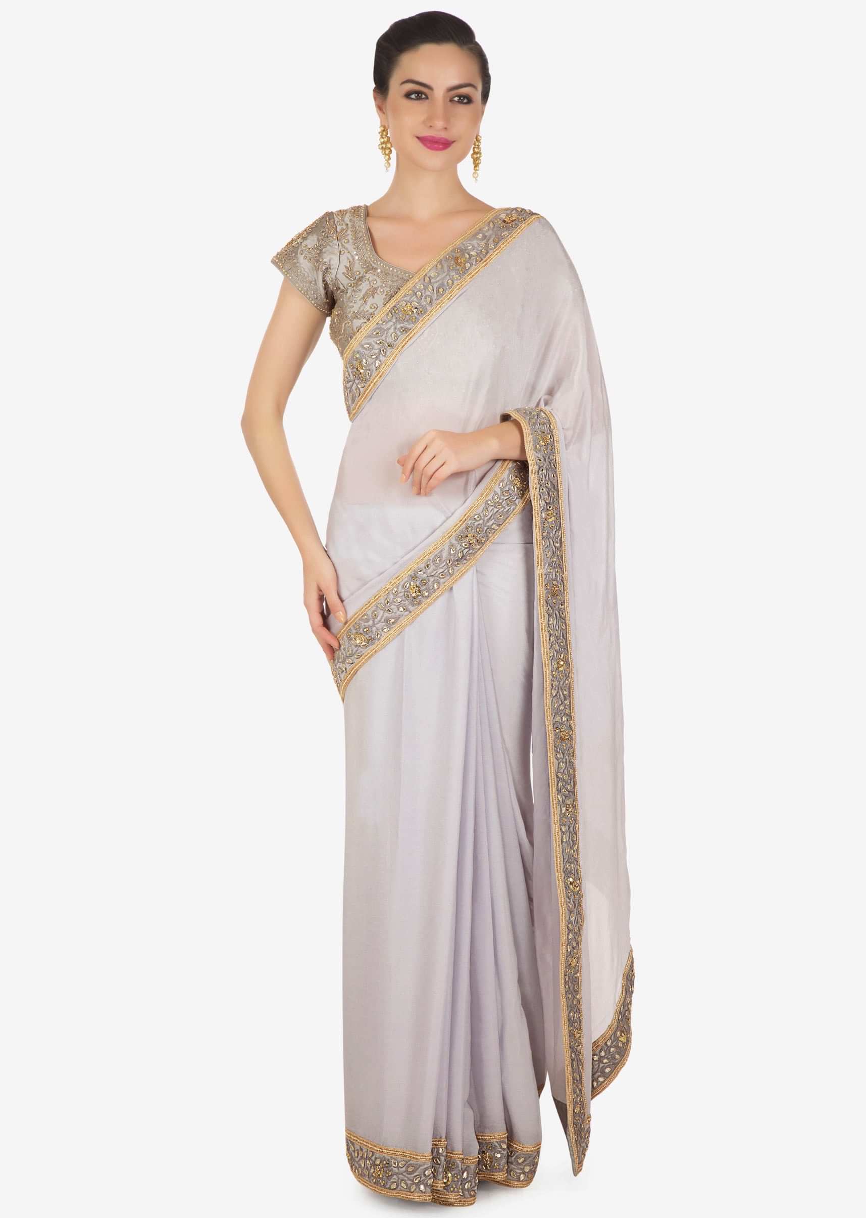 Frost grey saree in satin crepe with thread and kundan border only on Kalki