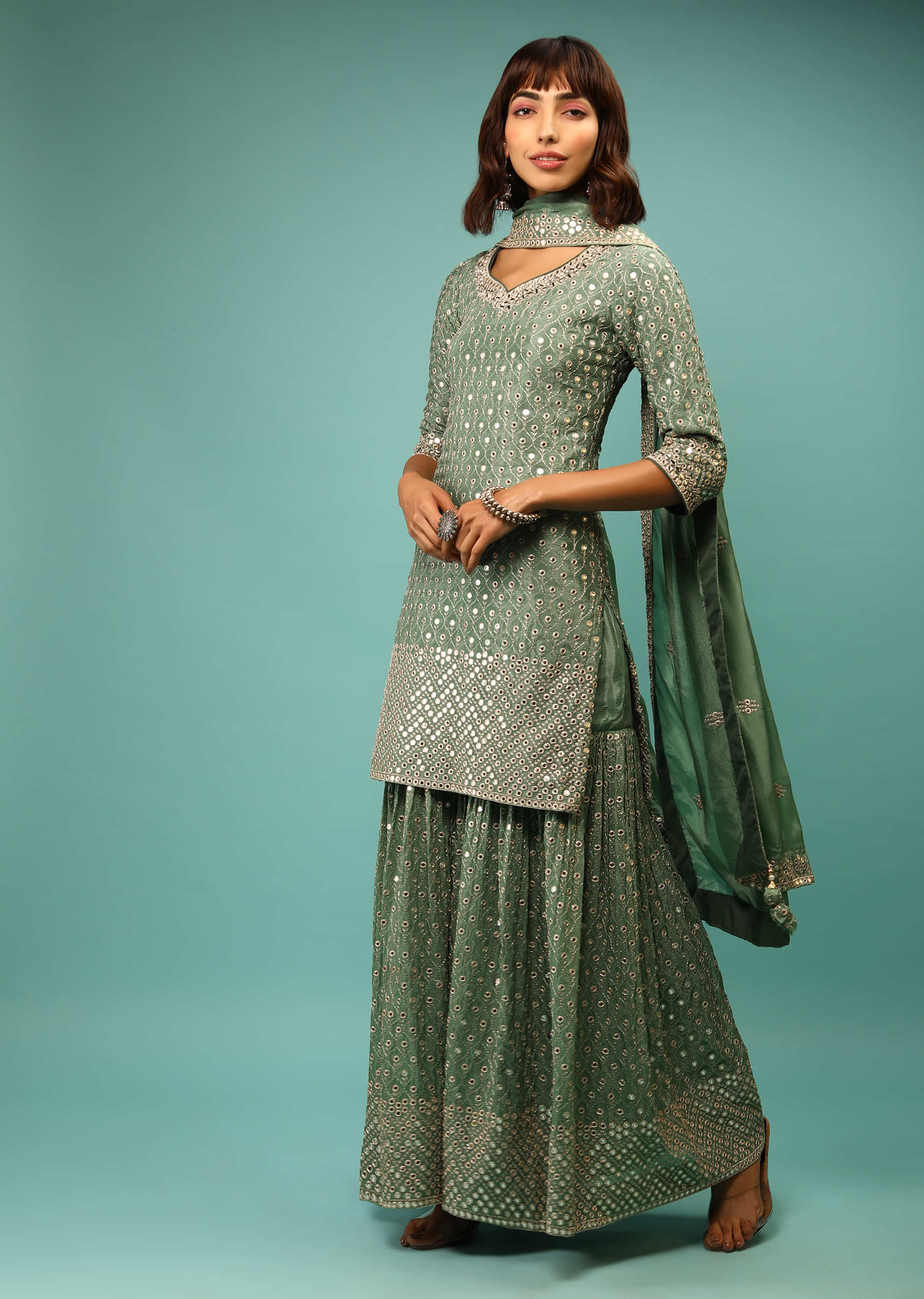 Frosty Spruce Green Sharara Suit With Zari And Mirror Abla Embroidered Moroccan Jaal 